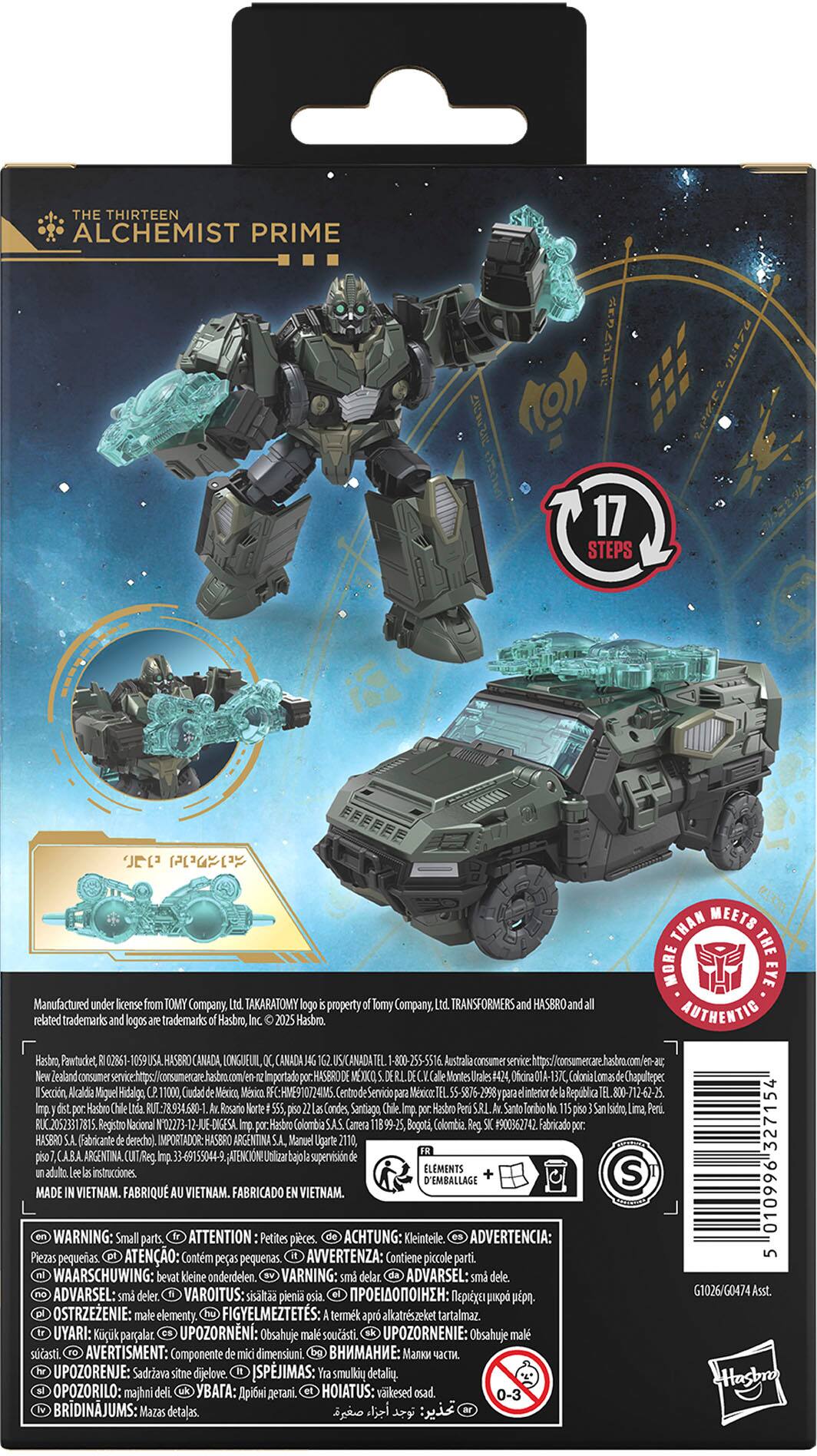 The Alchemist Prime 3 toy is made under license from Tomy Company. It is an authentic Hasbro product, manufactured in Pawtucket, Rhode Island, USA. The toy is imported from Canada and features a car that transforms into a robot. The toy is intended for children and comes with instructions. The packaging also includes a warning about small parts, and it is made in Vietnam. The toy is distributed by Hasbro Argentina.