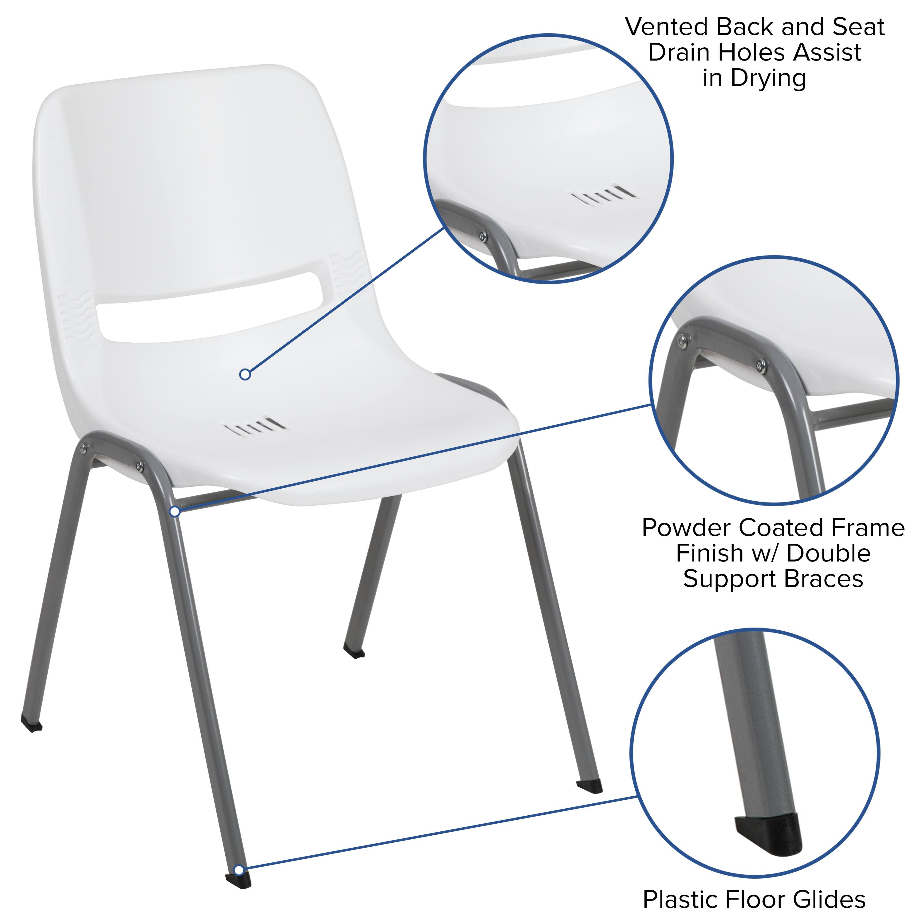 Vented Back and Seat Drain Holes Assist in Drying  
Powder Coated Frame Finish w/ Double Support Braces  
Plastic Floor Glides