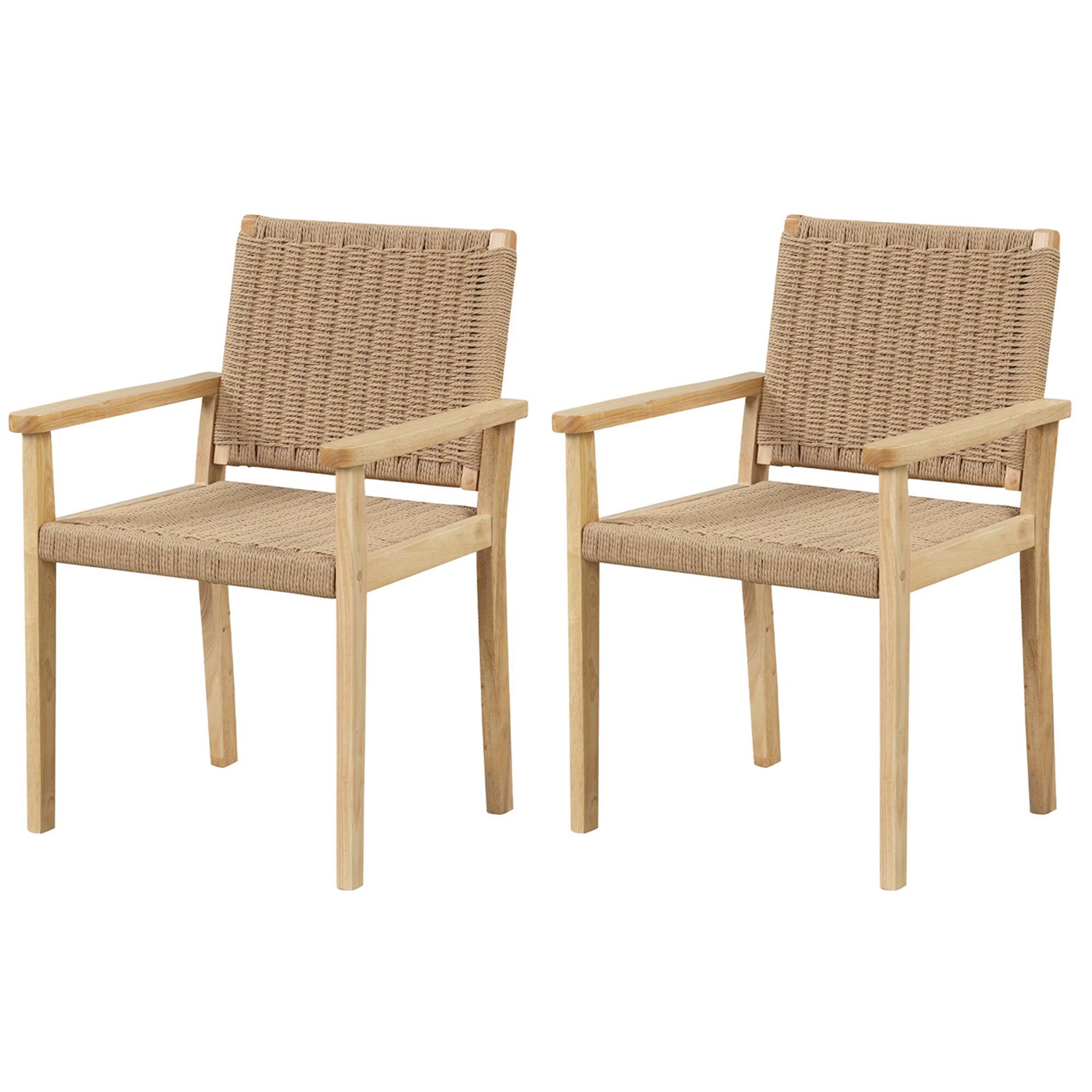 Costway - Patio Chair Set of 2 Rubber Wood Dining Armchairs Paper Rope Woven Seat Balcony - Natural