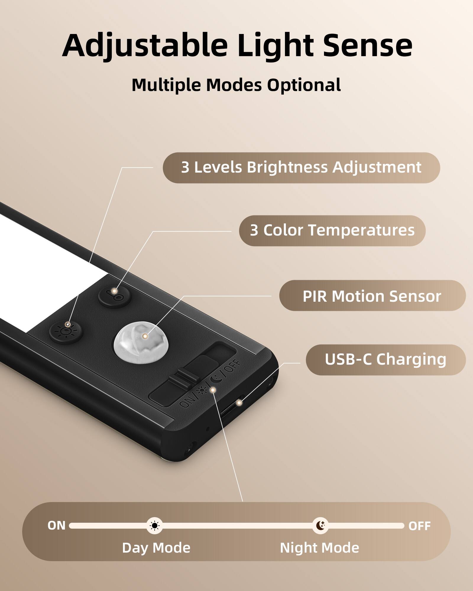 Adjustable Light Sense  
Multiple Modes Optional  

- 3 Levels Brightness Adjustment  
- 3 Color Temperatures  
- PIR Motion Sensor  
- USB-C Charging  

Day Mode  
Night Mode