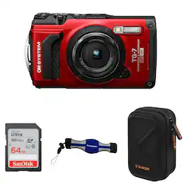 Bundle - OM System - Tough TG-7 Digital Camera + SD Card, Camera Case and Float Strap