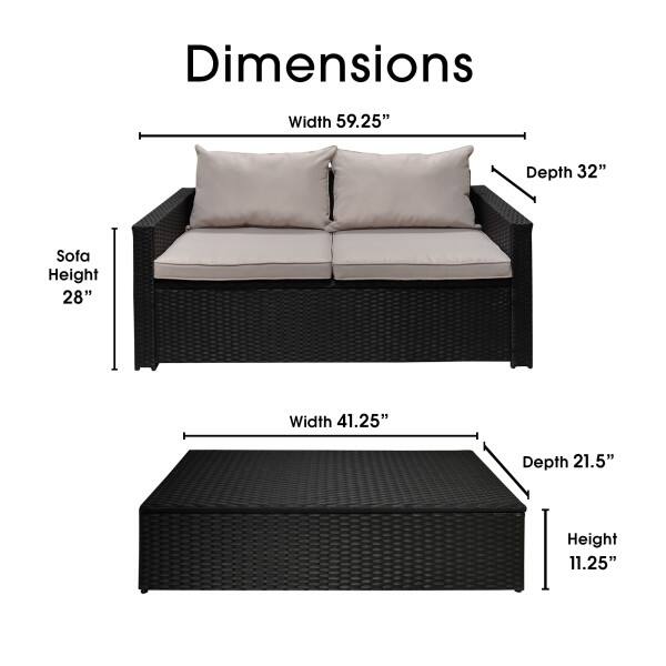 Dimensions  
Width 59.25"  
Depth 32"  
Sofa Height 28"  
Width 41.25"  
Depth 21.5"  
Height 11.25"