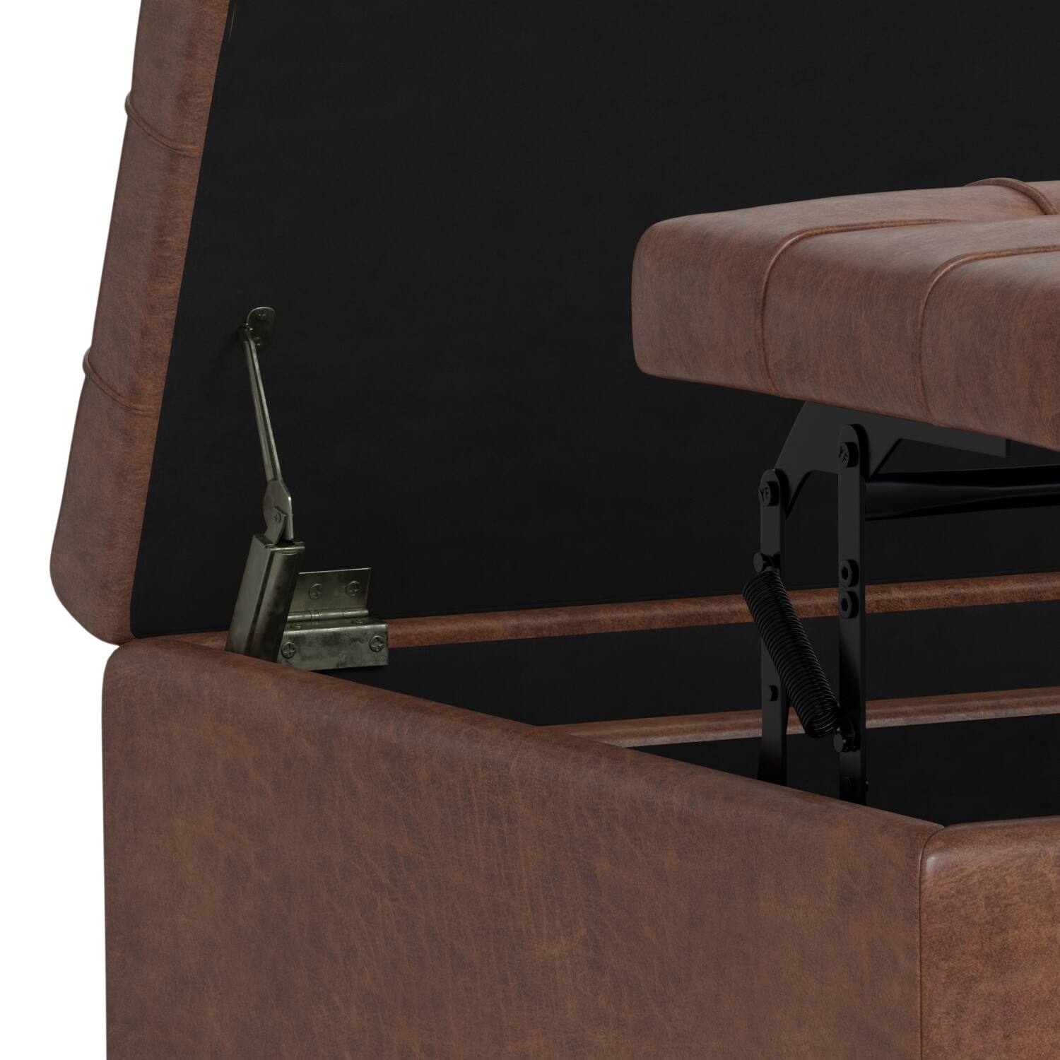 Alt View 5. Simpli Home - Harrison 30 inch Wide Small Square Coffee Table Storage Ottoman in Distressed Saddle Brown Vegan Leather - Distressed Saddle Brown.