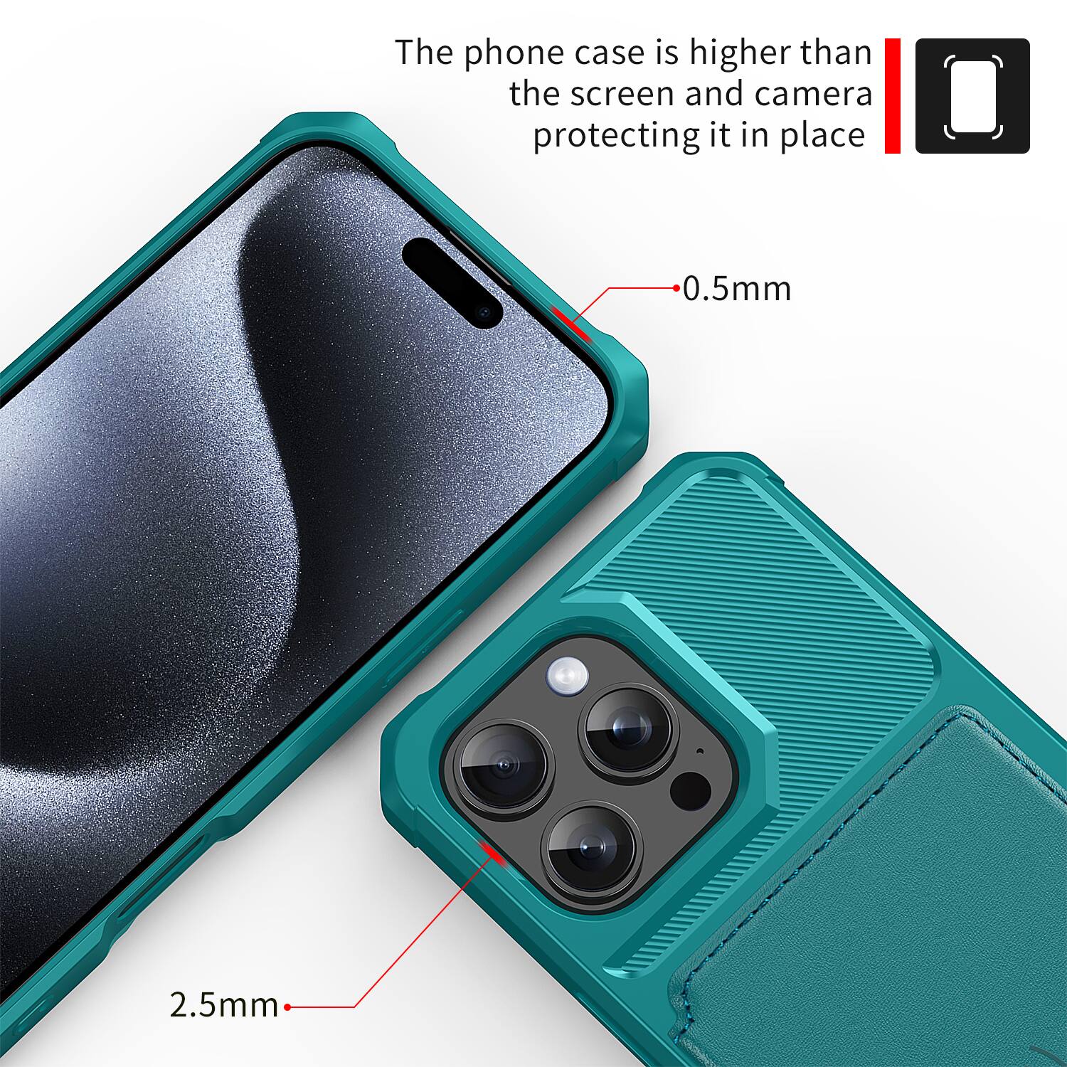 The phone case is higher than the screen and camera protecting it in place. 0.5mm 2.5mm