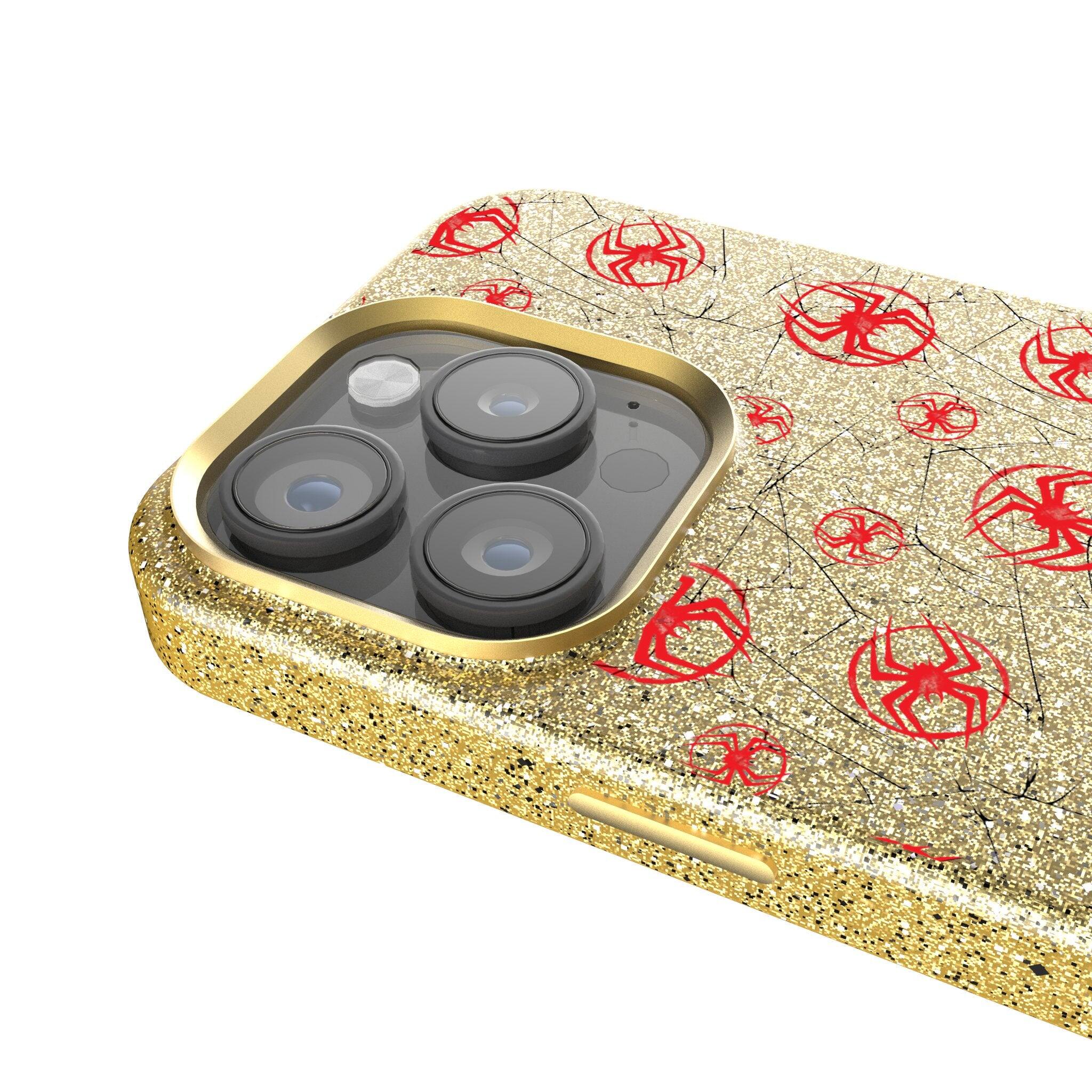 Back. Keyscaper - Marvel Pattern Gold Bling Phone Case - Apple iPhone 15 Pro - Miles Morales.