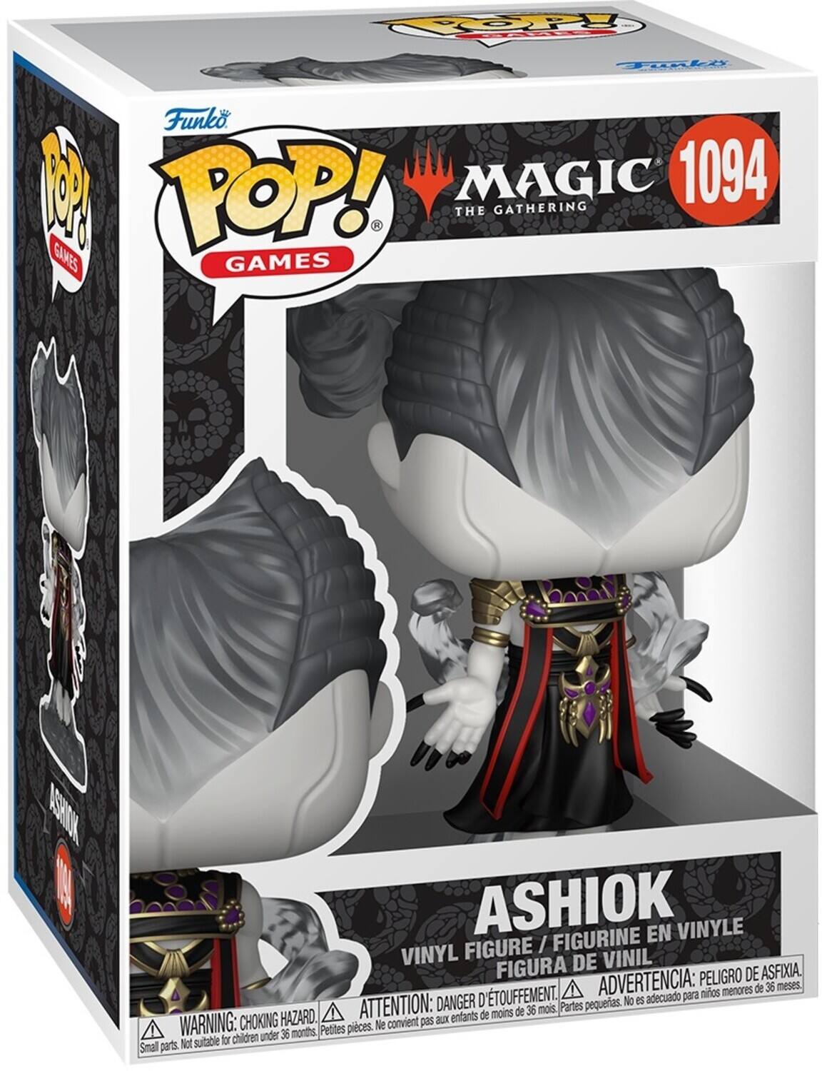 Sure, here is the corrected and grouped text from the image:

---

**Top Left:**
- Funko
- POP! GAMES

**Top Right:**
- MAGIC THE GATHERING
- 1094

**Center:**
- ASHIOK
- VINYL FIGURE / FIGURINE EN VINYLE
- FIGURA DE VINIL

**Bottom:**
- WARNING: CHOKING HAZARD. Small parts. Not suitable for children under 36 months.
- ATTENTION: DANGER D'ÉTOUFFEMENT. Petites pièces. Ne convient pas aux enfants de moins de 36 mois.
- ADVERTENCIA: PELO DE ASFIXIA. Partes pequeñas. No es adecuado para niños menores de 36 meses.

**Additional Text:**
- ASHIOK
- 1094

---