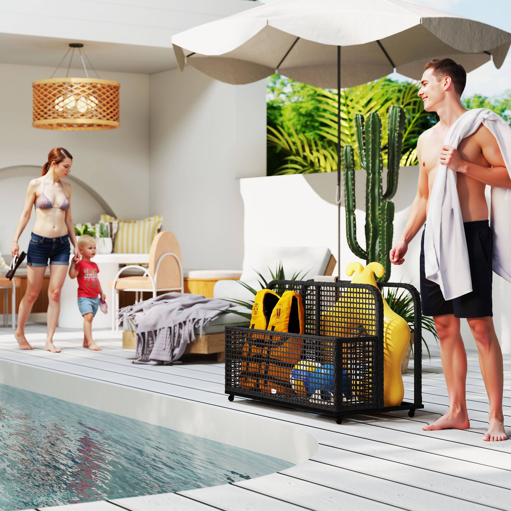 Angle. Outsunny - Outsunny Patio Wicker Pool Float Storage with Wheels, Outdoor Rolling PE Rattan Pool Caddy - Dark Gray.