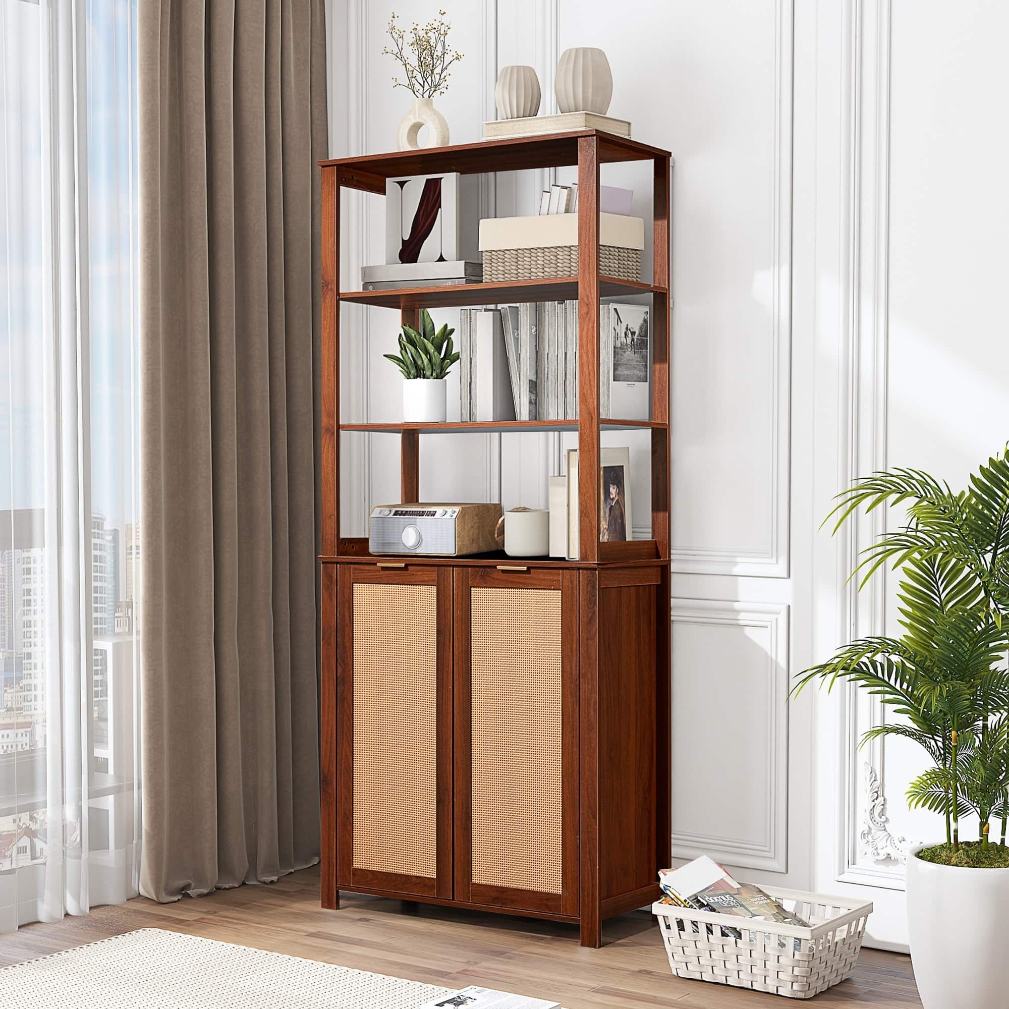 U-HOMY - Modern Rattan Bookcase with Cabinet, Freestanding Storage Bookshelf with Doors and Open Shelves for Living Room - Walnut Brown