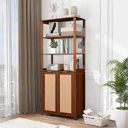 U-HOMY - Modern Rattan Bookcase with Cabinet, Freestanding Storage Bookshelf with Doors and Open Shelves for Living Room - Walnut Brown