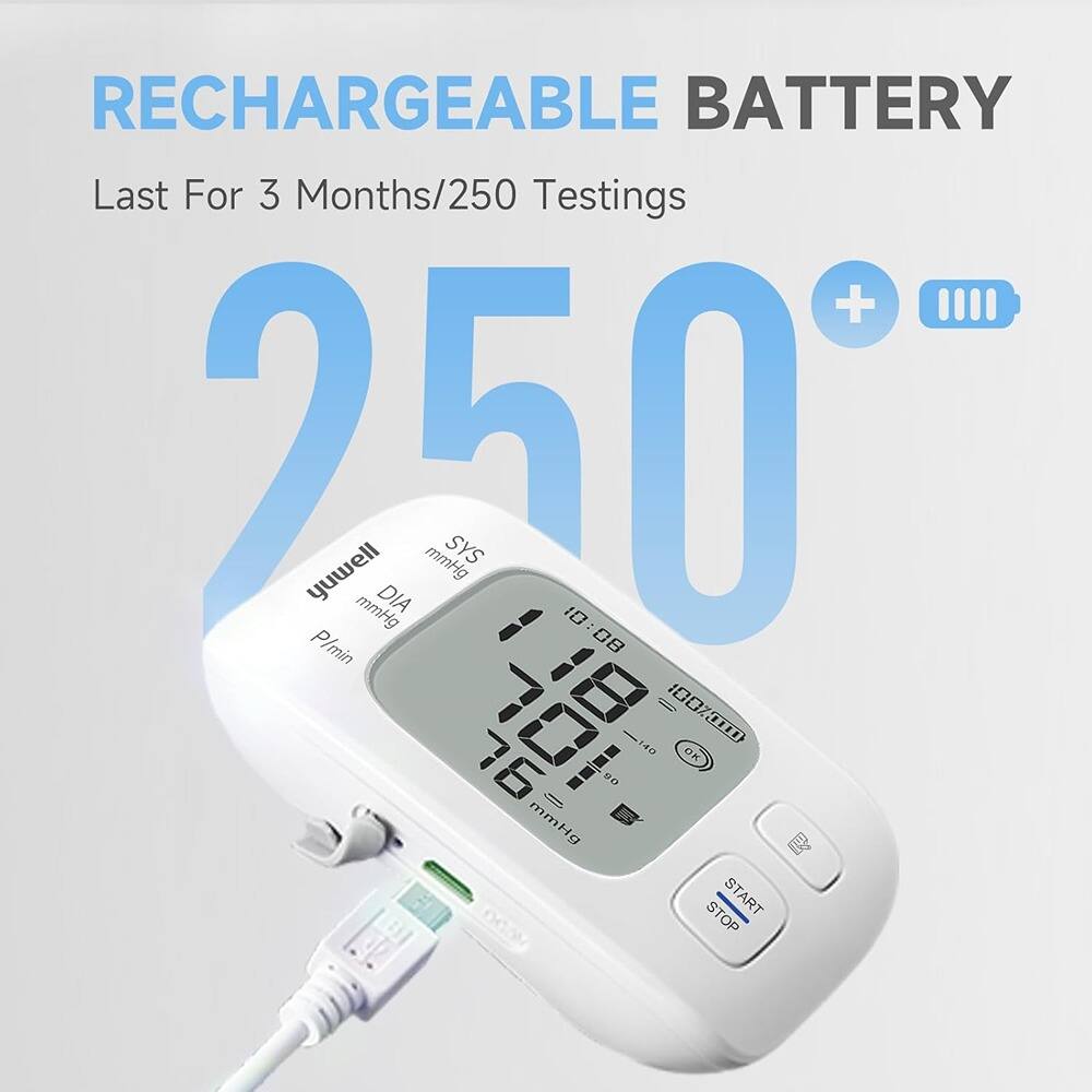 RECHARGEABLE BATTERY  
Last For 3 Months/250 Testings  

yuwell  
DIA mmHg SYS mmHg  
10:08  
187  
167  
166  
mmHg  
OK  
START STOP