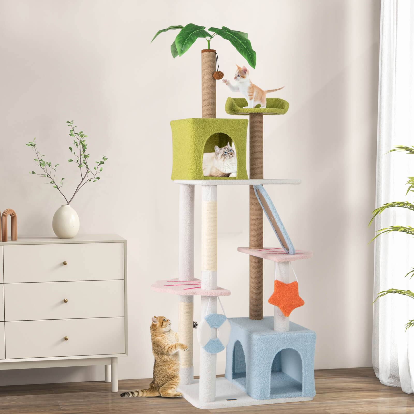 Alt View 4. Costway - Costway 71" Tall Cat Tree Multi-Level Aesthetic Beach-Themed Cat Tower w/ Jute Scratching Posts - Green,Blue,White.