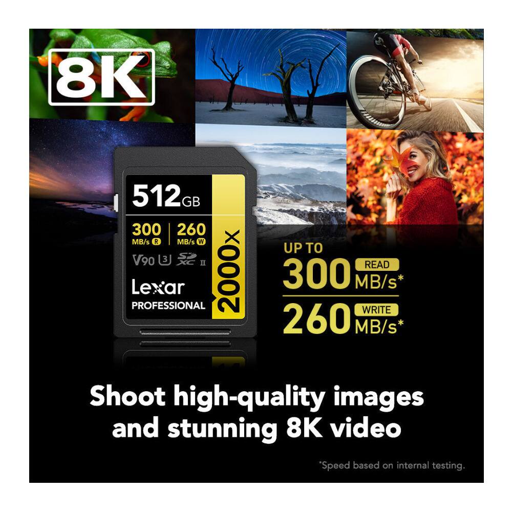 8K 512 GB 300 MB/s R 260 MB/s W V90 3 II PROFESSIONAL Lexar 2000x UP TO READ 300 MB/s WRITE 260 MB/s Shoot high-quality images and stunning 8K video "Speed based on internal testing.