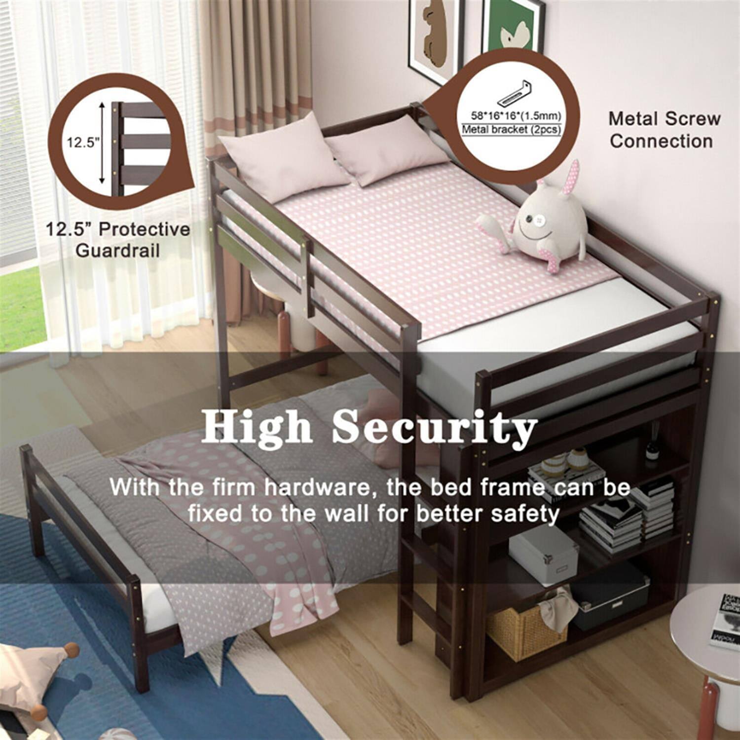 12.5" Protective Guardrail

58*16*16 (1.5mm) Metal Screw Metal bracket (2pcs) Connection

High Security

With the firm hardware, the bed frame can be fixed to the wall for better safety