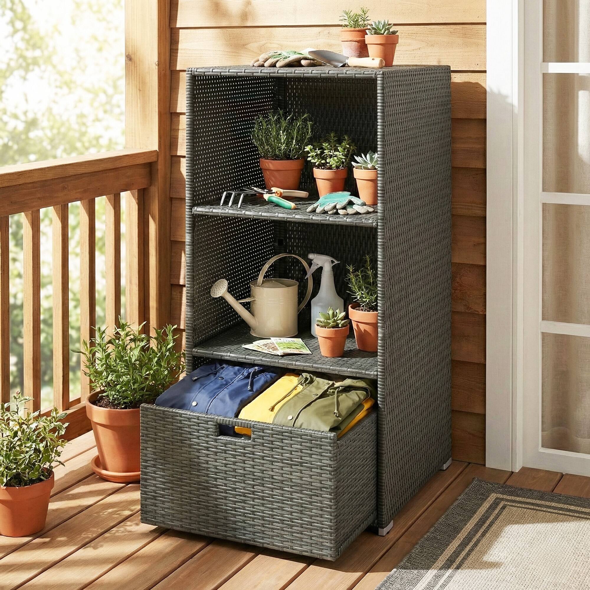 Alt View 8. Outsunny - Pool Towel Rack, Water-Resistant PE Plastic Rattan Wicker Storage Organizer, 2 Shelves, 1 Basket Drawer - Dark Gray.