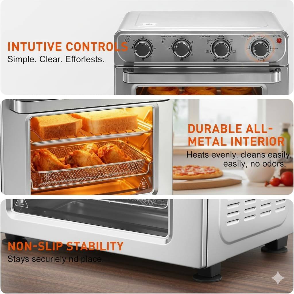 INTUITIVE CONTROLS  
Simple. Clear. Effortless.  

DURABLE ALL-METAL INTERIOR  
Heats evenly, cleans easily, no odors.  

NON-SLIP STABILITY  
Stays securely in place.