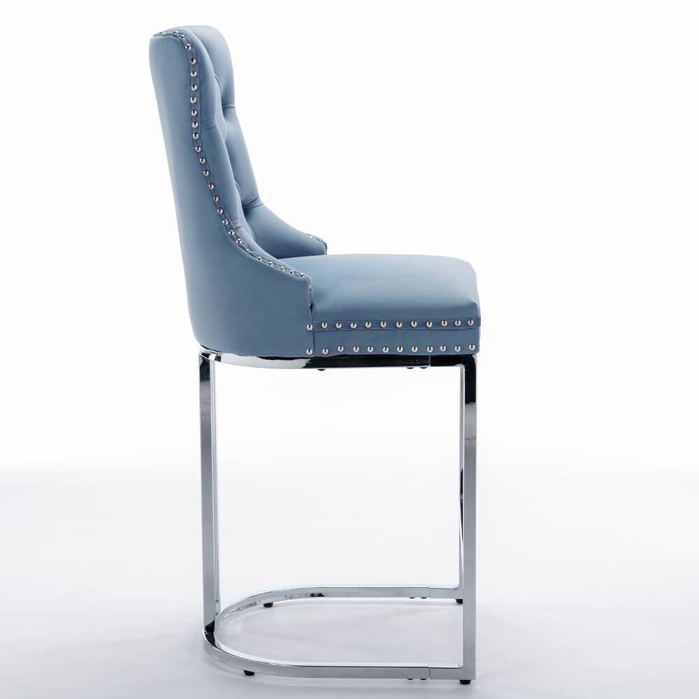 Alt View 1. Loheer - Loheer 26 Inch Counter Height Bar Stools Set of 2 Light Blue Velvet Kitchen Island Chairs with Chromed Metal Base - Light Blue.