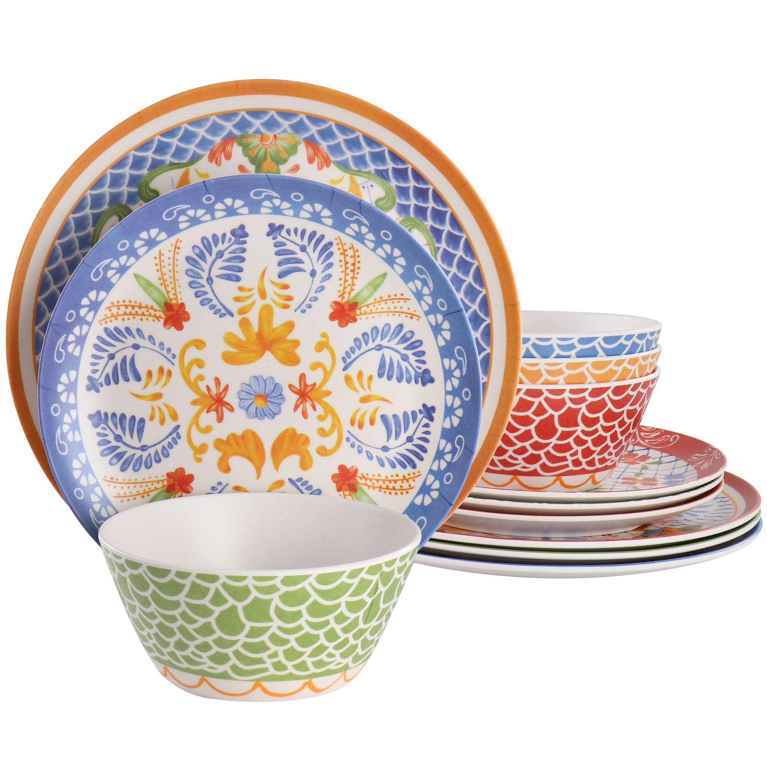 Front. Laurie Gates - Laurie Gates California Designs Tierra 12 Piece Bamboo Fiber Dinnerware Set in Multi-Color - Multi-Colored Floral Print.