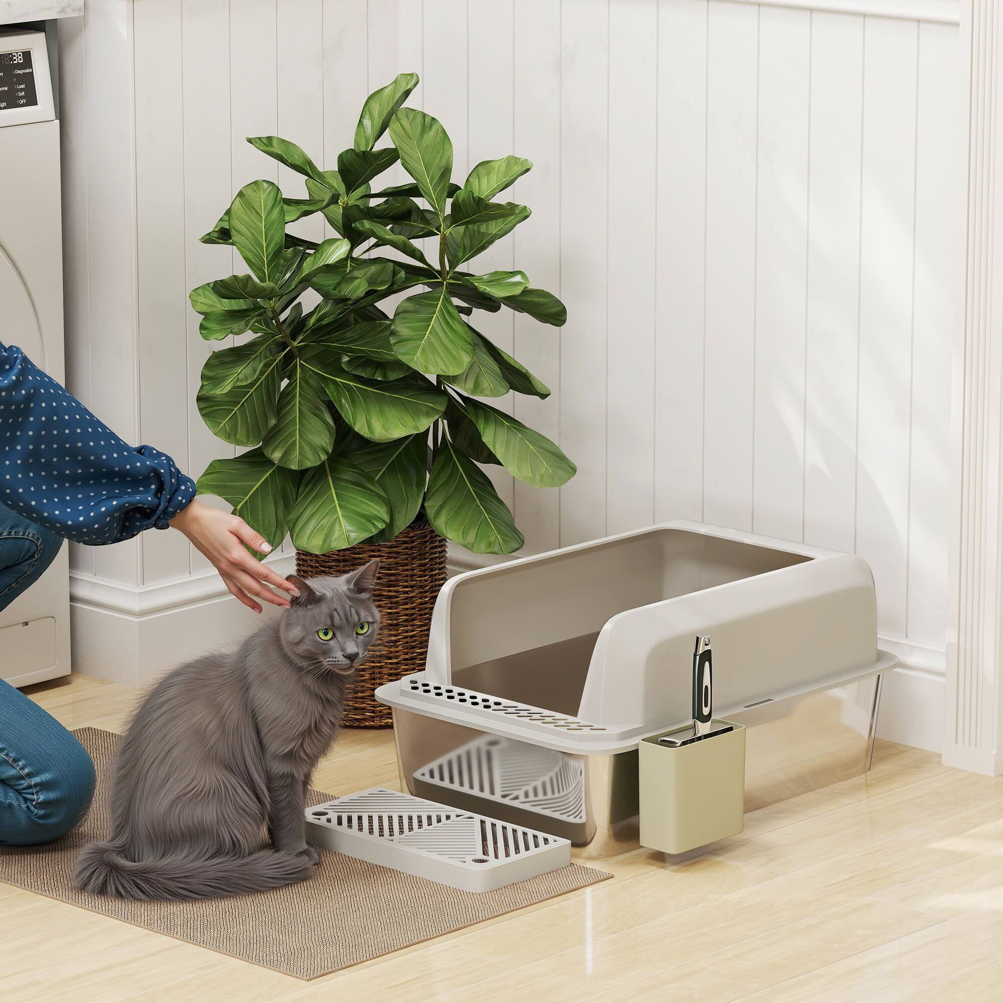 Angle. Pawhut - XL Litter Box, Metal Litter Box High Sided, Anti-Urine Leakage, Metal Scoop & Scoop Holder, 24" x 16" x 11" - Light Gray.
