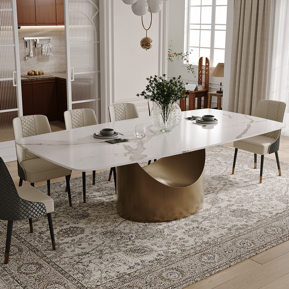 POVISON - 94" Modern Minimalist Dining Table for 10, White Rectangular Matte Sintered Stone Tabletop, Bronze Carbon Steel Leg - Matte White Sintered Stone with Bronze