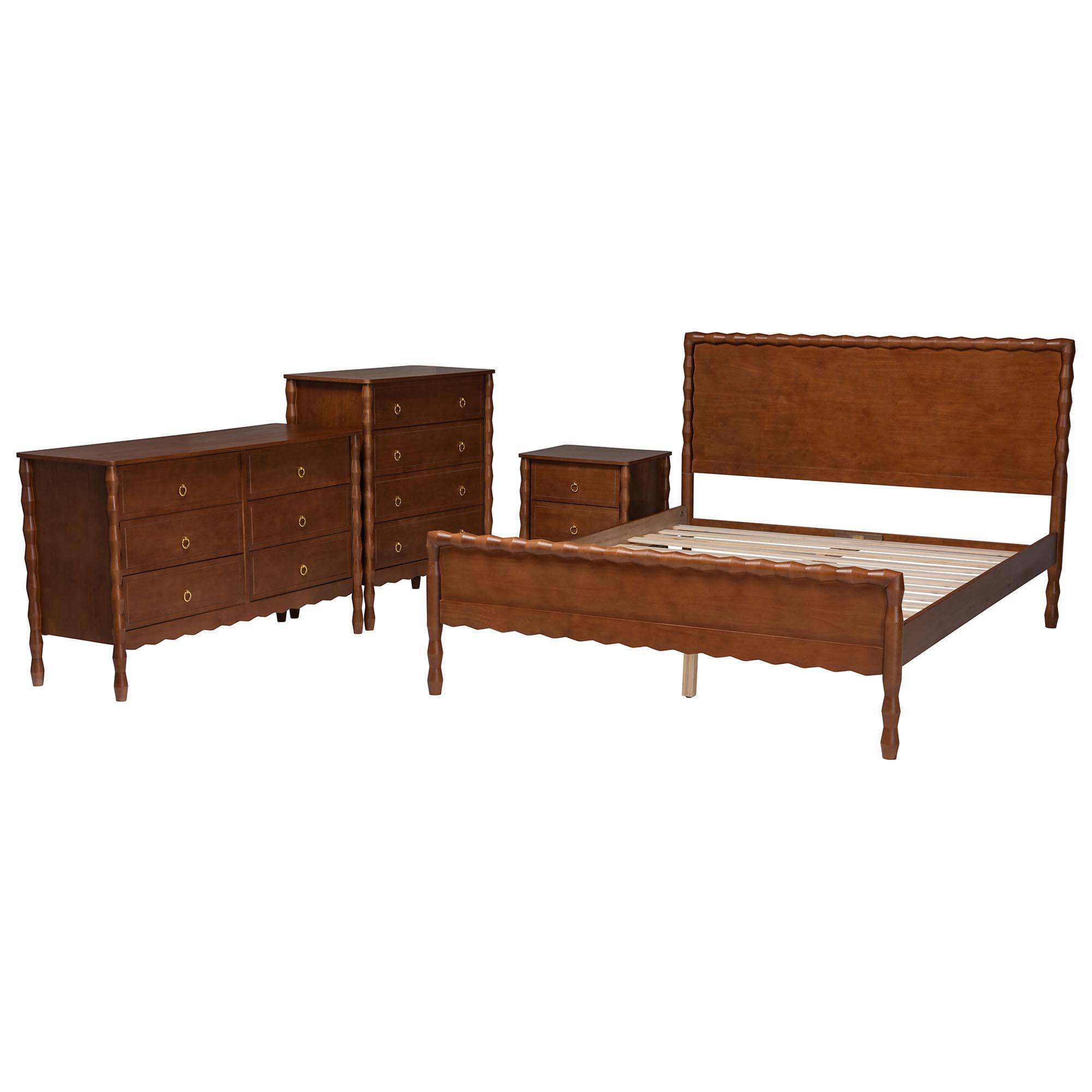 Angle. Baxton Studio - Seamus 4-Piece Bedroom Set with 1 Nightstand, Queen - Walnut Brown.