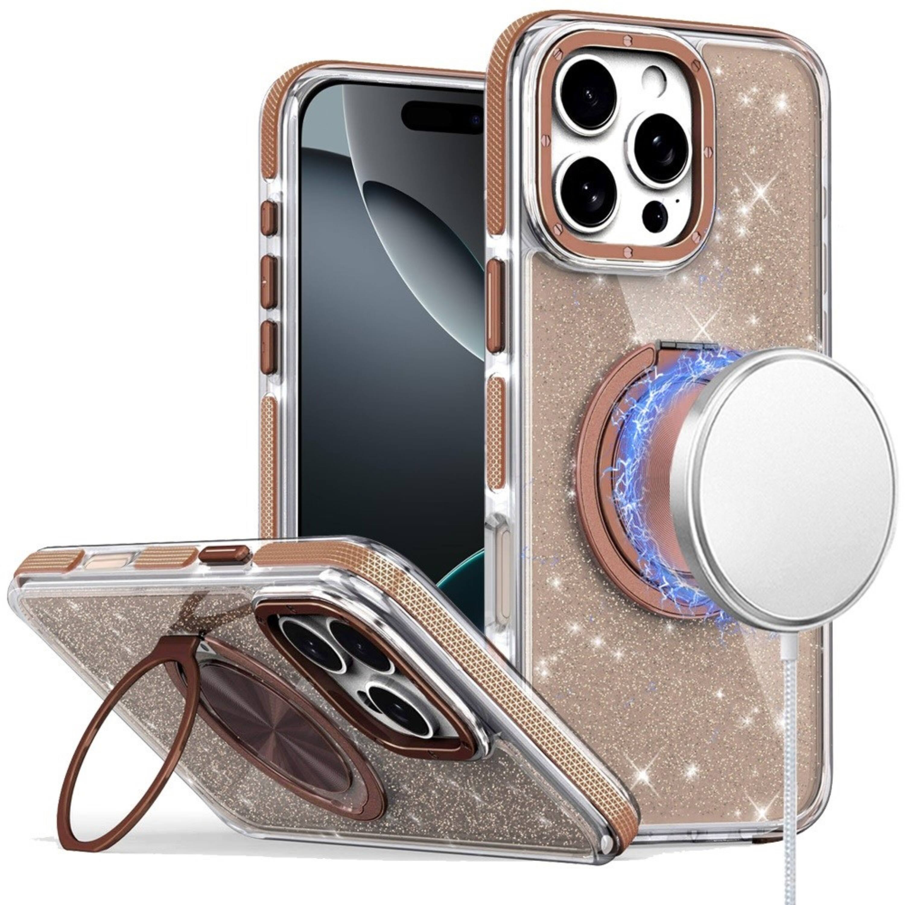 Front. Kitcheniva - Magnetic Circle Stand Full Glitter Phone Case With Tempered Glass For iPhone 16 Pro Max Gold - Gold.