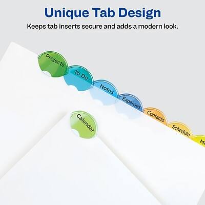 Unique Tab Design  
Keeps tab inserts secure and adds a modern look.

Projects  
To Do  
Notes  
Expenses  
Calendar  
Contacts  
Schedule  
M