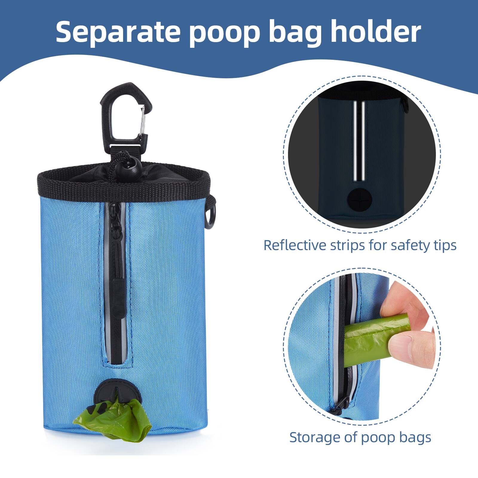 Separate poop bag holder

Reflective strips for safety tips

Storage of poop bags