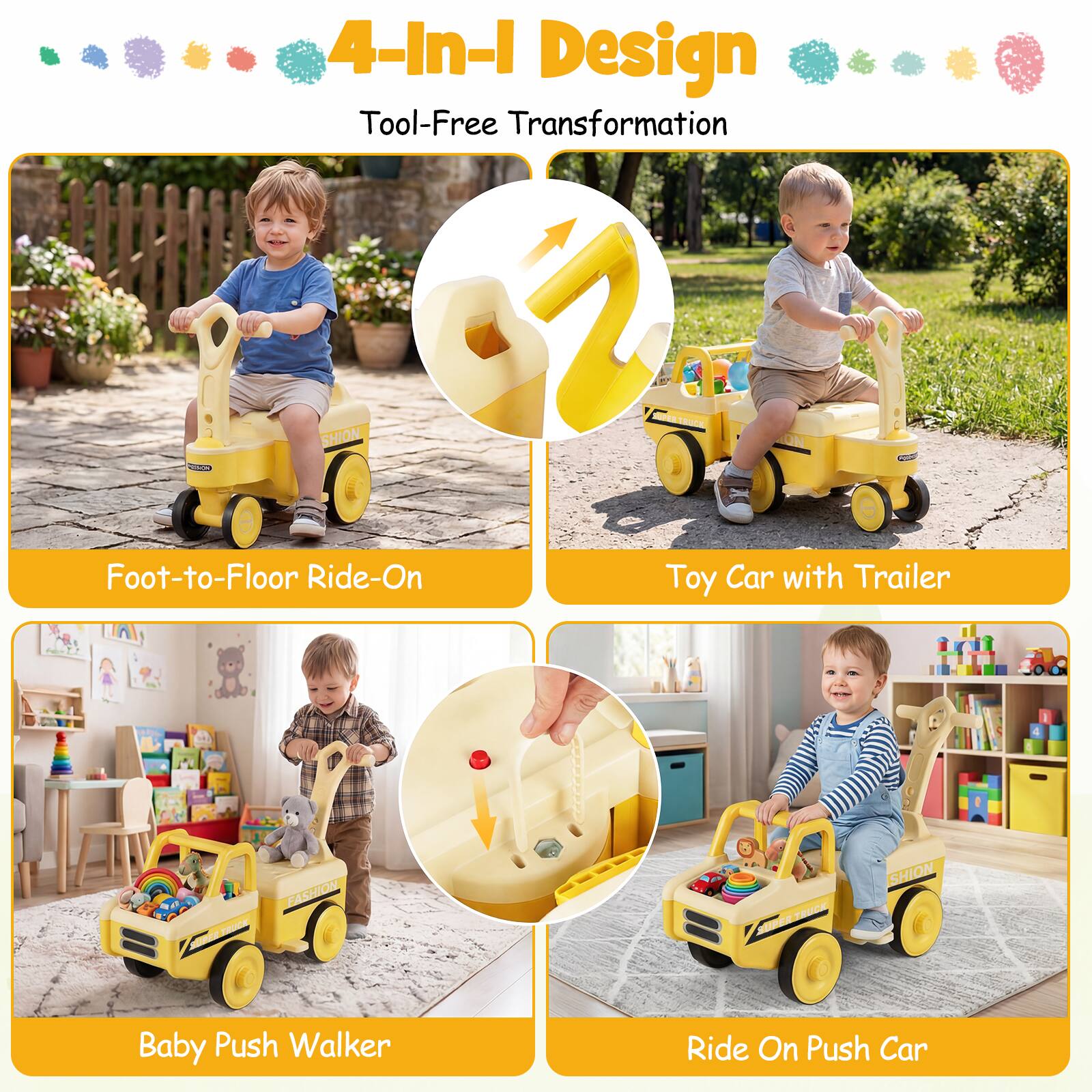4-In-1 Design Tool-Free Transformation  
Foot-to-Floor Ride-On  
Toy Car with Trailer  
Baby Push Walker  
Ride On Push Car