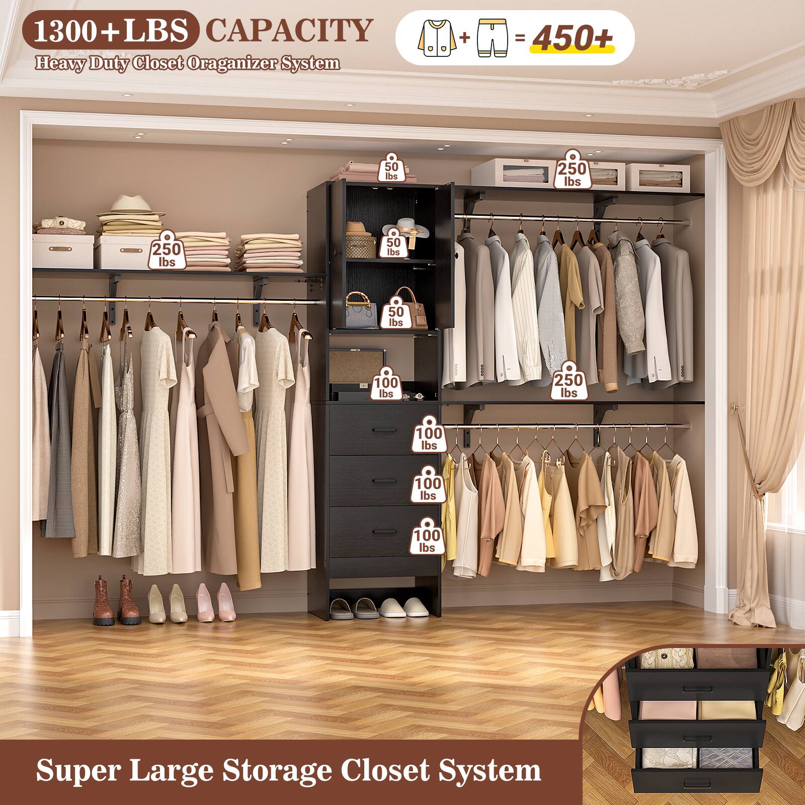 1300+ LBS CAPACITY Heavy Duty Closet Organizer System  
= 450+  
50 lbs  
250 lbs  
250 lbs  
50 lbs  
50 lbs  
100 lbs  
250 lbs  
100 lbs  
100 lbs  
100 lbs  
Super Large Storage Closet System