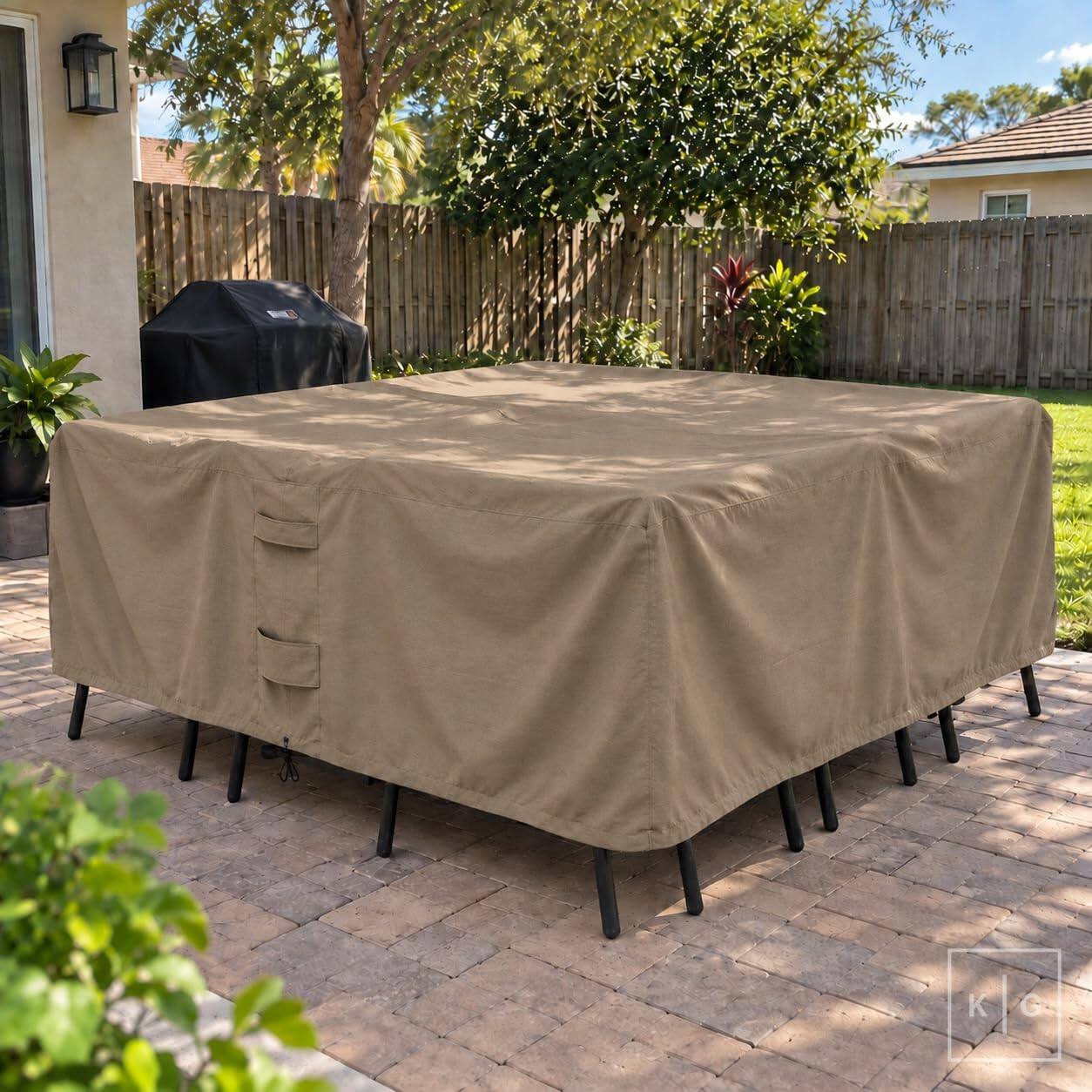 Angle. KHOMO GEAR - Patio Furniture Cover Waterproof, Rectangular Outdoor Table and Chair Set Cover, Fits 6-8 Chairs - 128"L x 82"W x 25"H - Brown.