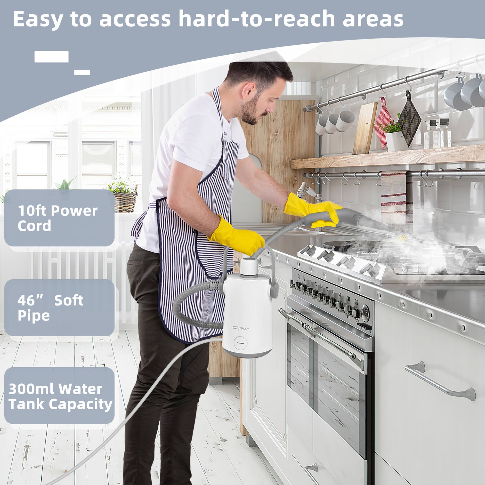 Easy to access hard-to-reach areas

- 10ft Power Cord
- 46" Soft Pipe
- 300ml Water Tank Capacity