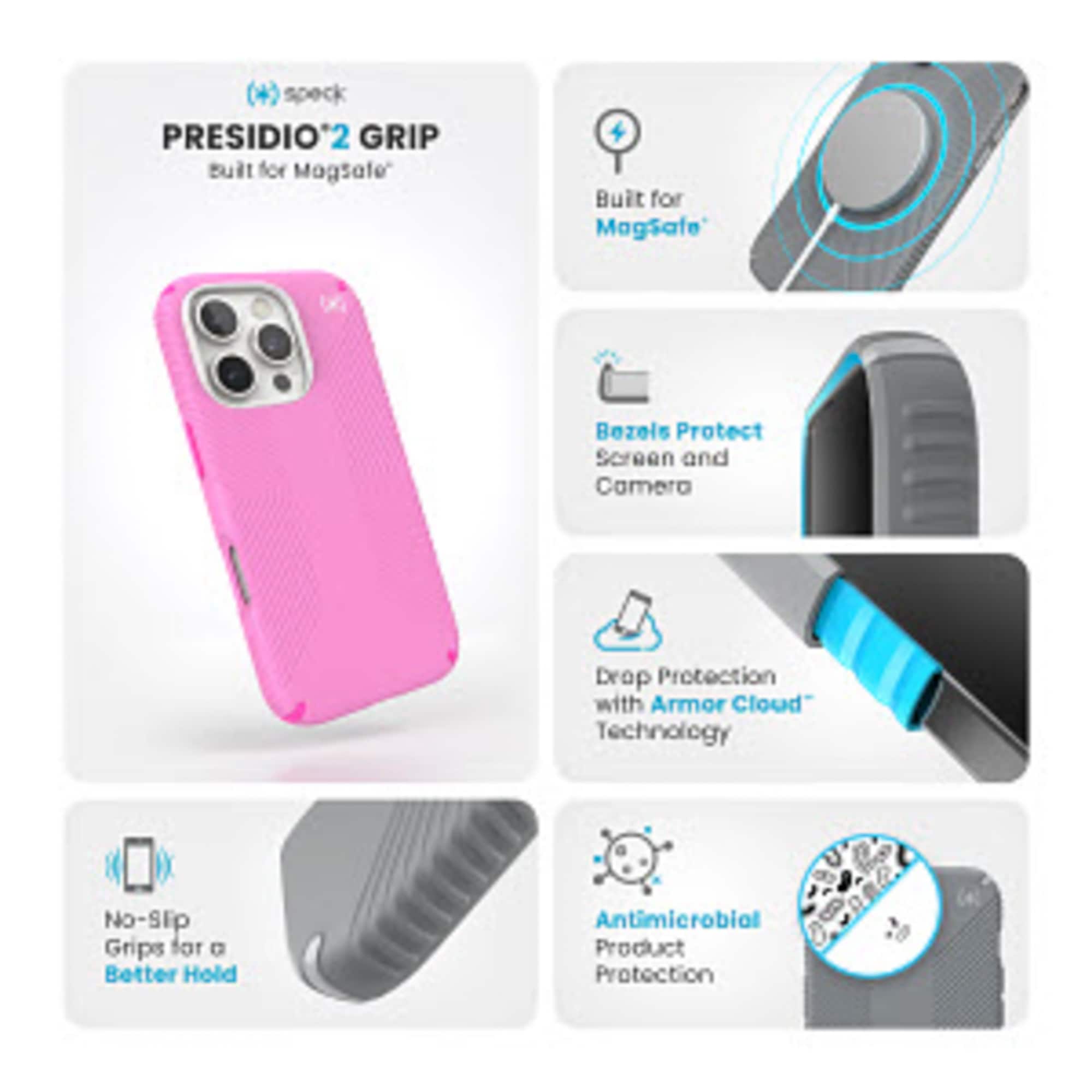 Presidio 2 Grip: Built for MagSafe. Bezels, Protect Screen and Camera, Drop Protection with Armor Cloud Technology. No-Slip Grips for Better Hold. Antimicrobial Product Protection.