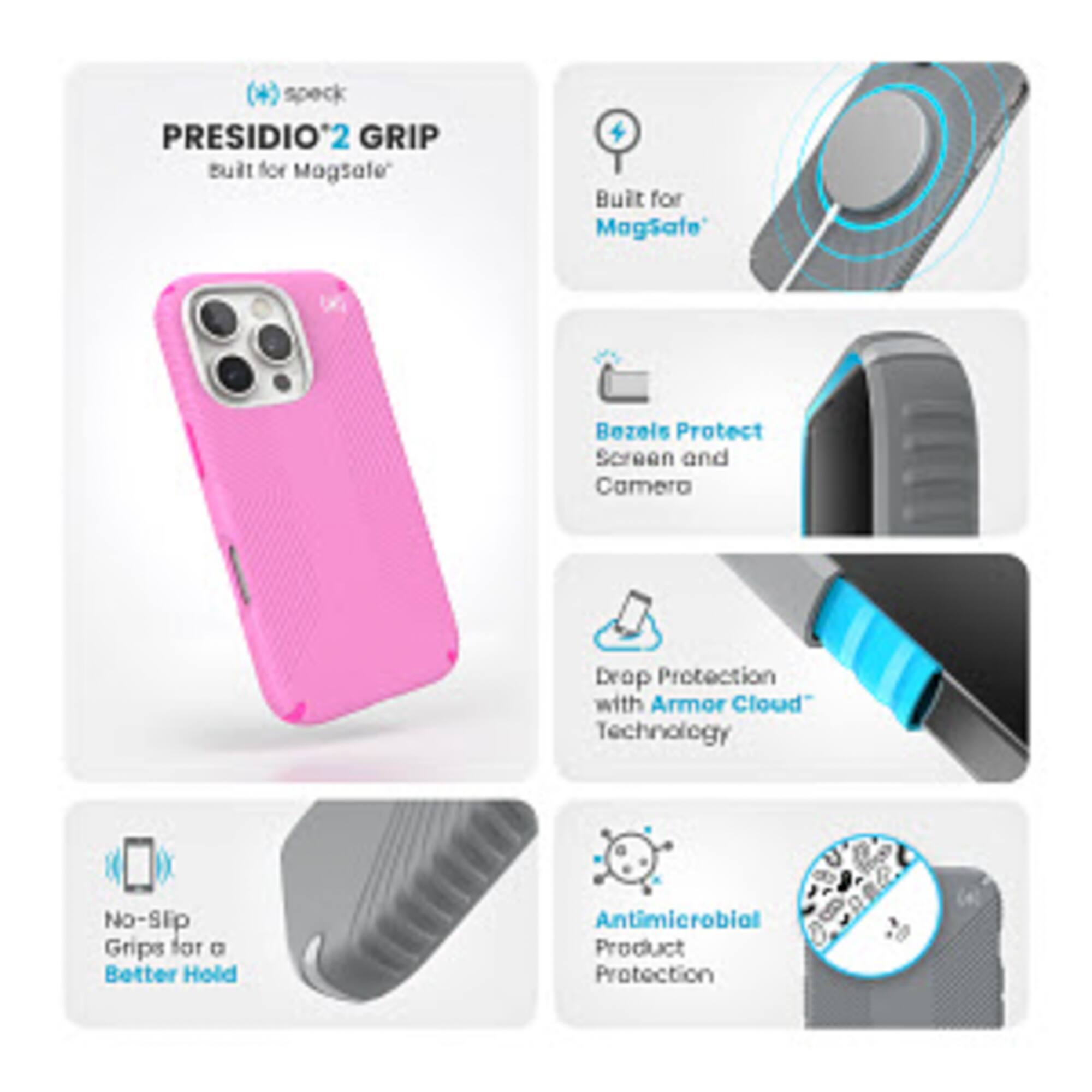 Presidio 2 Grip: Built for MagSafe. Bezels, Protect Screen and Camera, Drop Protection with Armor Cloud Technology. No-Slip Grips for Better Hold. Antimicrobial Product Protection.