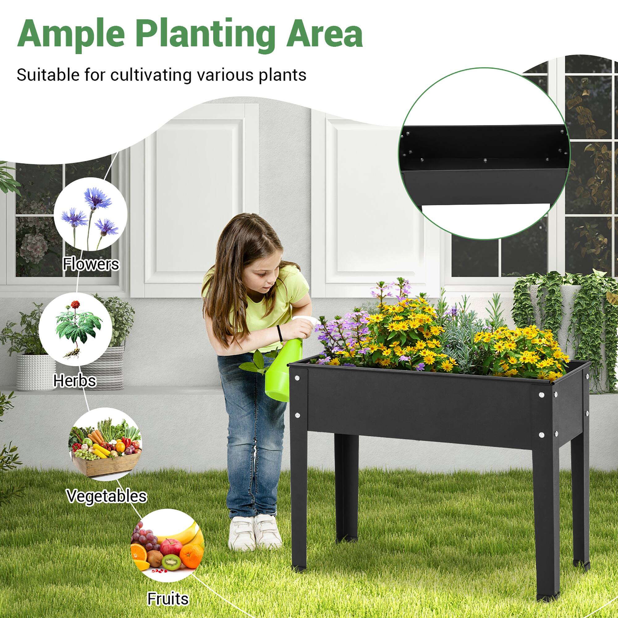 Ample Planting Area Suitable for cultivating various plants, including Flowers, Herbs, Vegetables, and Fruits.
