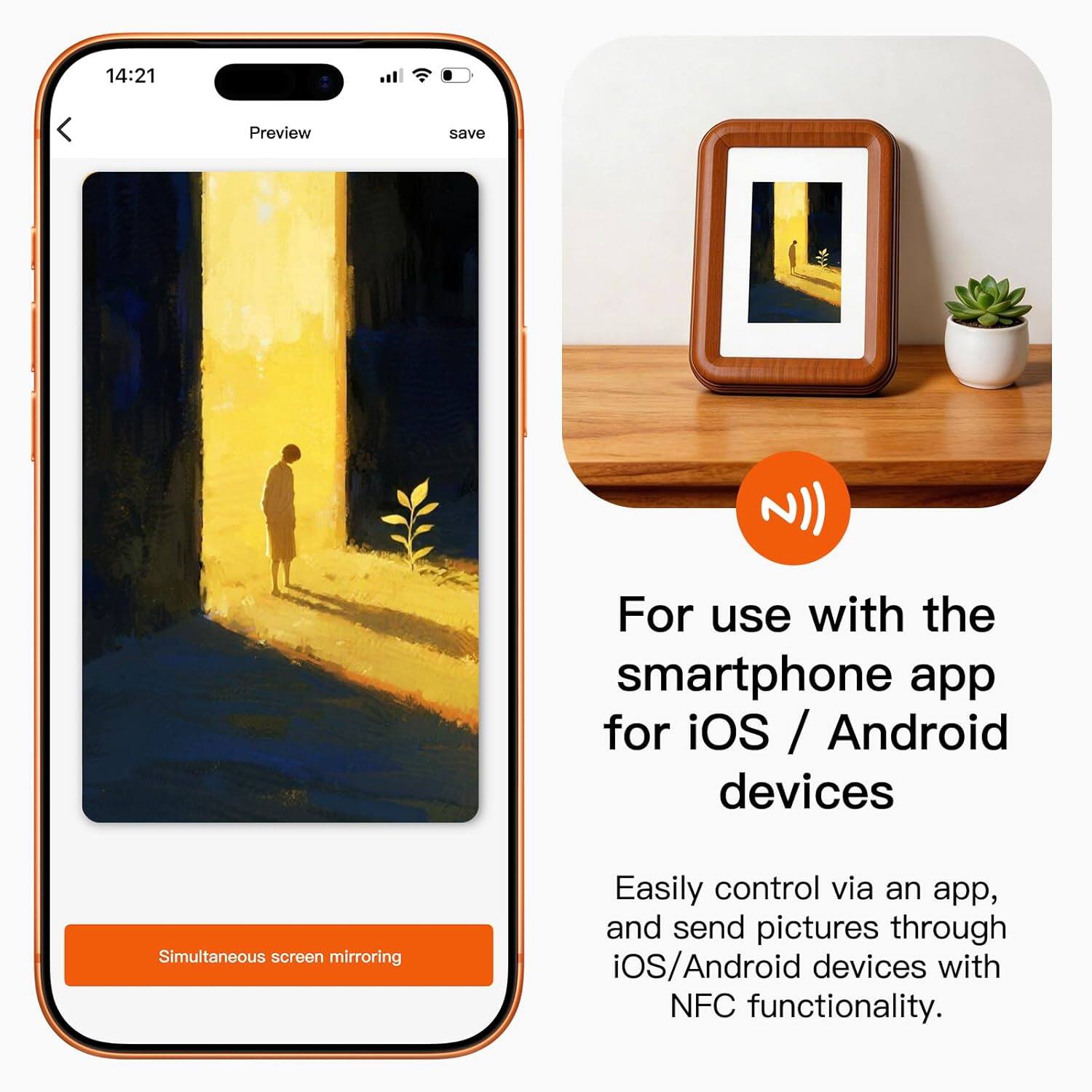 14:21 Preview save

For use with the smartphone app for iOS / Android devices

Easily control via an app, and send pictures through iOS/Android devices with NFC functionality.