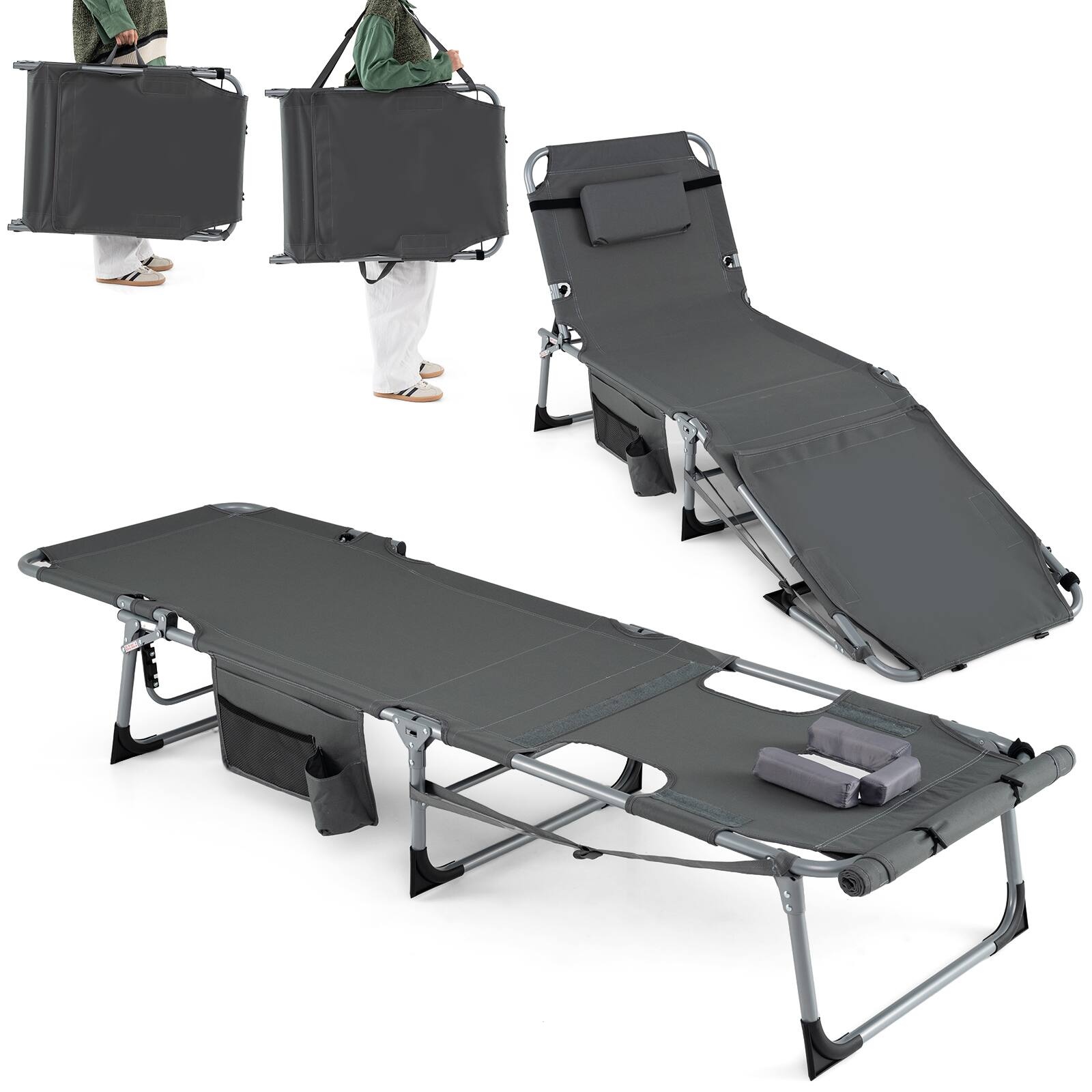 Alt View 8. Gymax - Gymax 2PCS Tanning Chair w/Face Arm Holes 4-Level Backrest & Head Pillow Side Pocket - Grey.