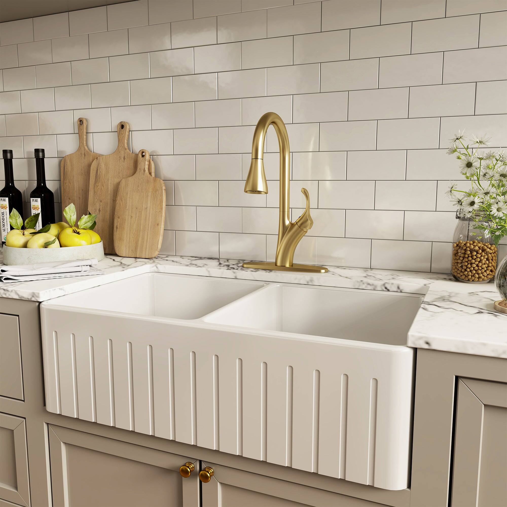 Alt View 4. Boyel Living - Stainless Steel Single Handle Pull Down Sprayer Kitchen Faucet with 3-Spray Patterns and Deck Plate in Brushed Gold - Brushed Gold.