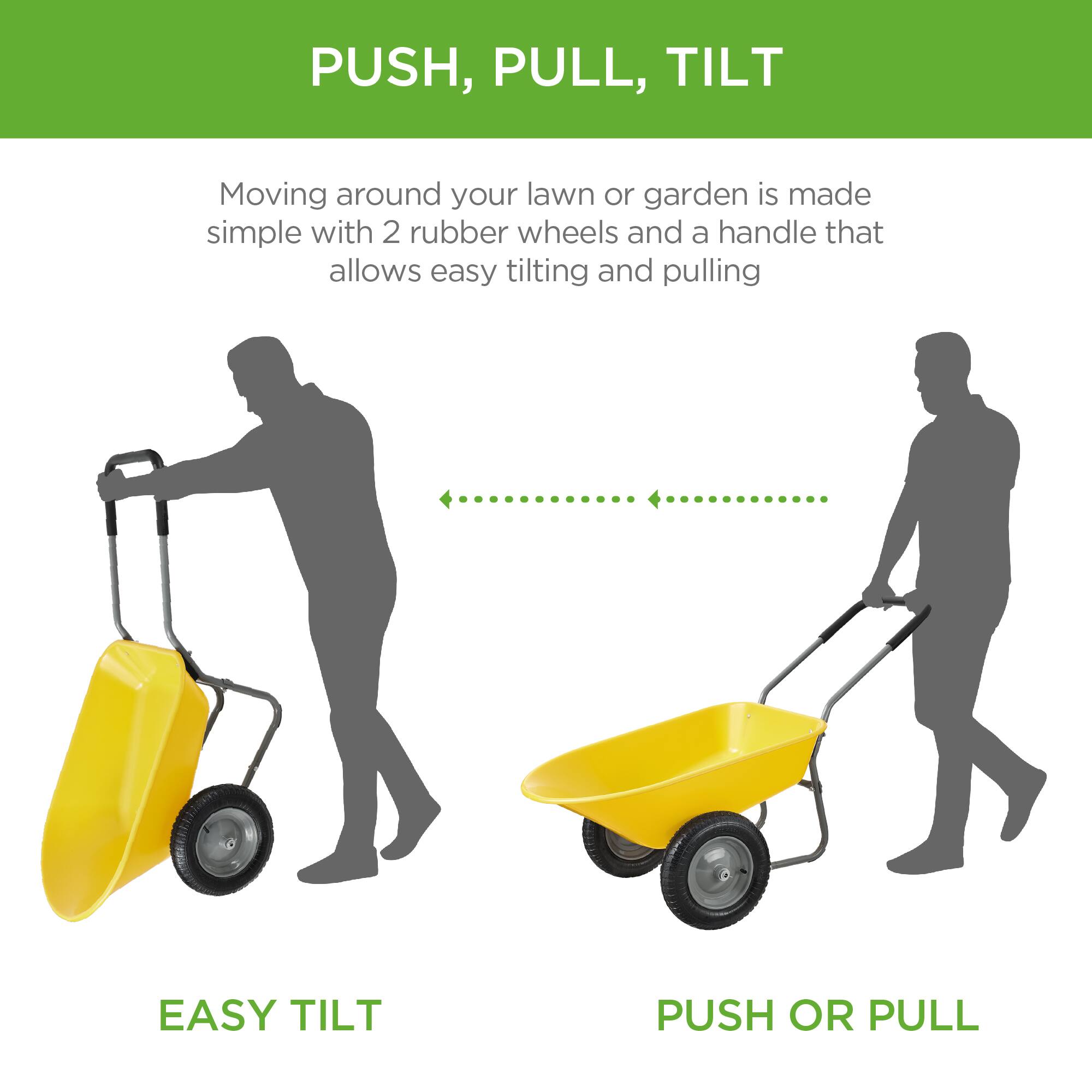 PUSH, PULL, TILT

Moving around your lawn or garden is made simple with 2 rubber wheels and a handle that allows easy tilting and pulling

EASY TILT

PUSH OR PULL