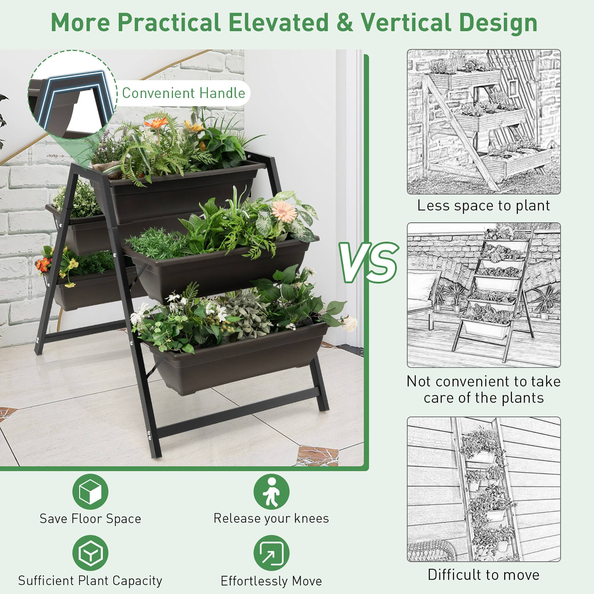 More Practical Elevated & Vertical Design Convenient Handle Less space to plant VS Not convenient to take care of the plants Save Floor Space Release your knees Sufficient Plant Capacity Effortlessly Move Difficult to move