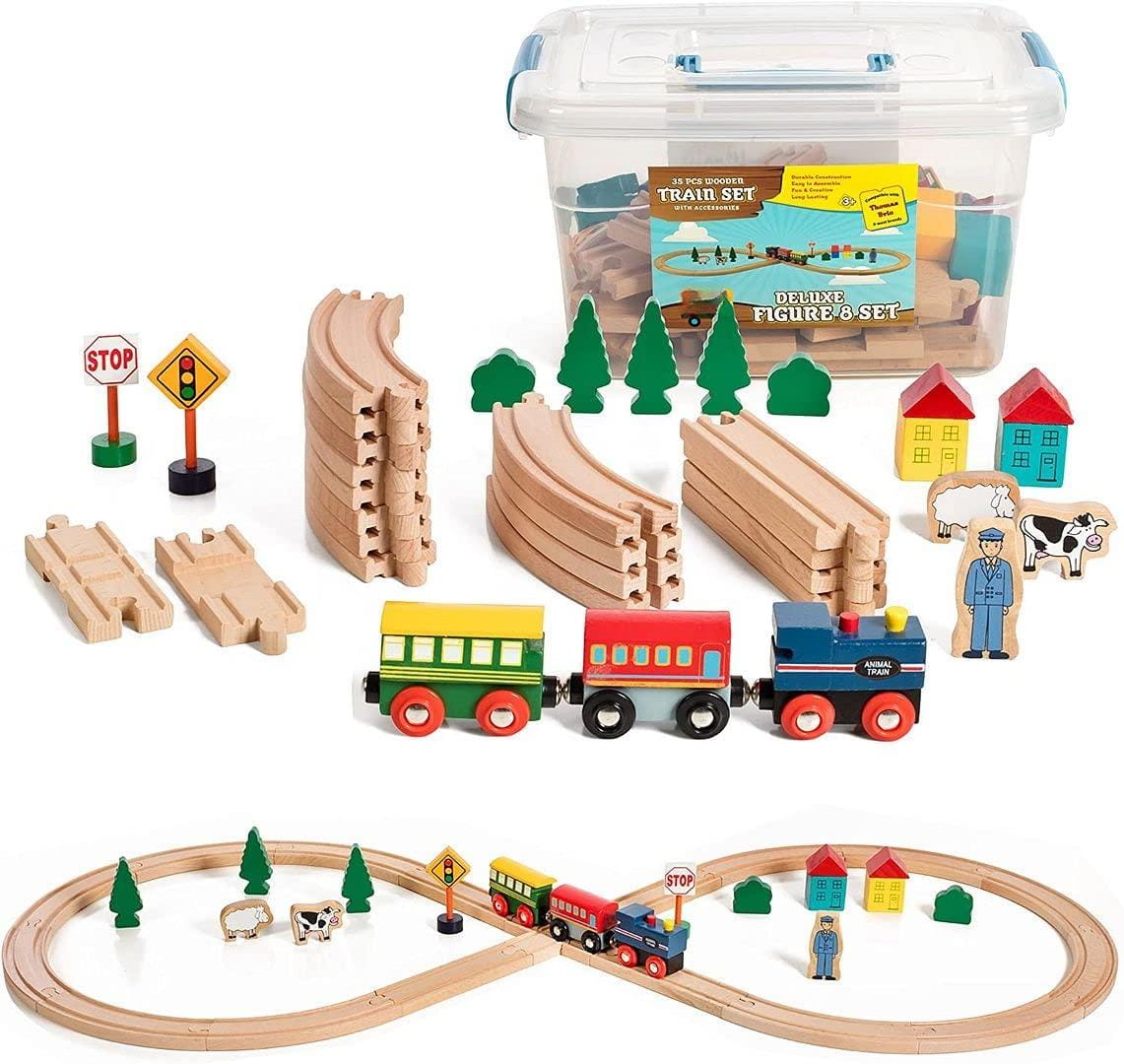 EZTW1 - Wooden Set All In One Tracks With Magnetic Trains And Railway Accessories Comes A Clear Container Compatible Major - 35