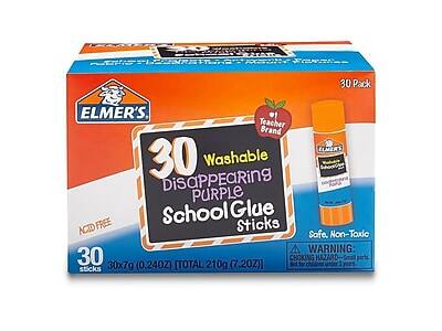 30 Pack Elmer's Teacher Brand 30 Washable Disappearing Purple School Glue Sticks  
Acid Free  
Safe, Non-Toxic  
Warning: Choking Hazard - Small parts. Not for children under 3 years.  
30 Sticks (0.24OZ) [Total 210g (7.20Z)]