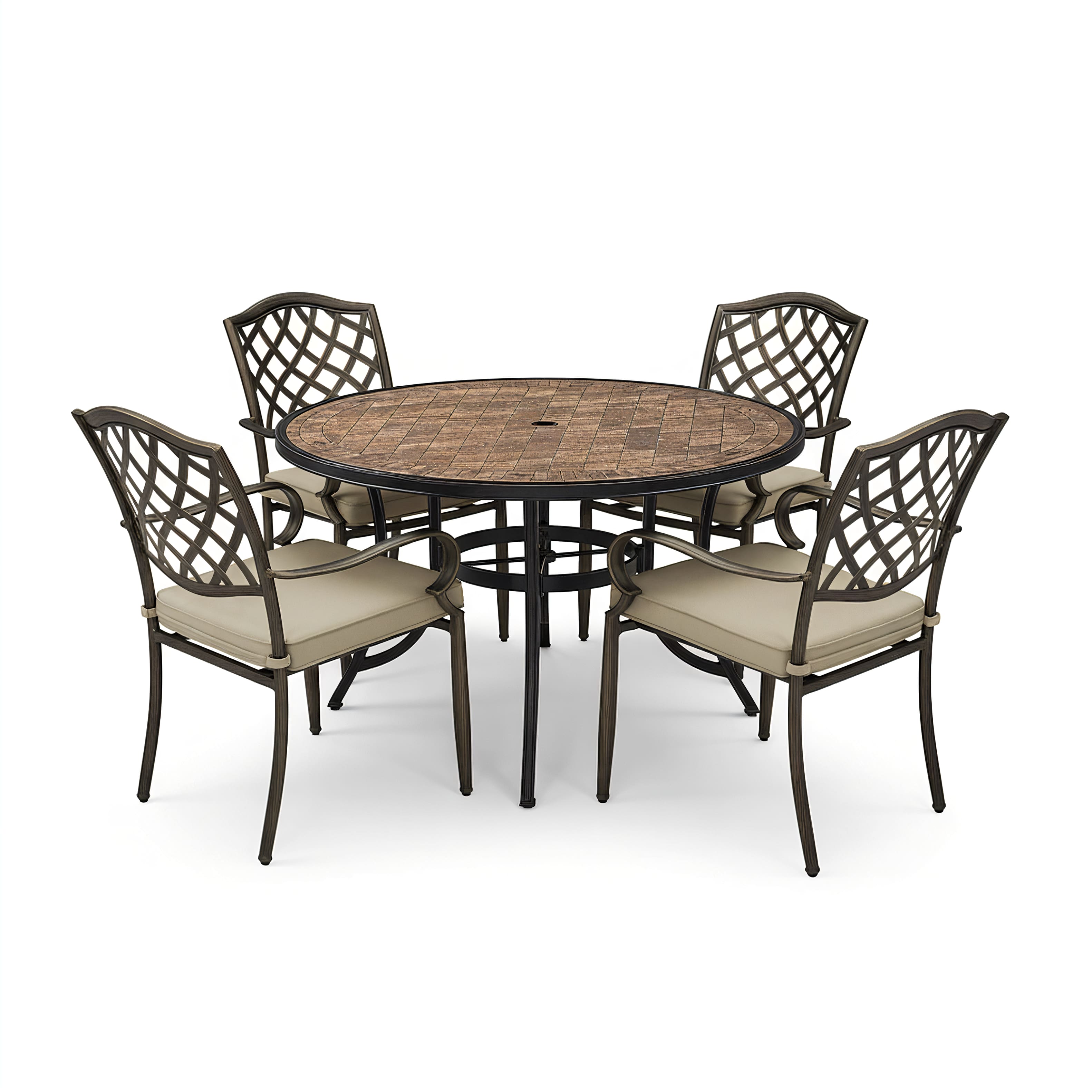 Mondawe - 5-Piece Outdoor Dining Set with Round Brown Ceramic Tile Table and 4 Chairs with Cushions - Bronze+Grey