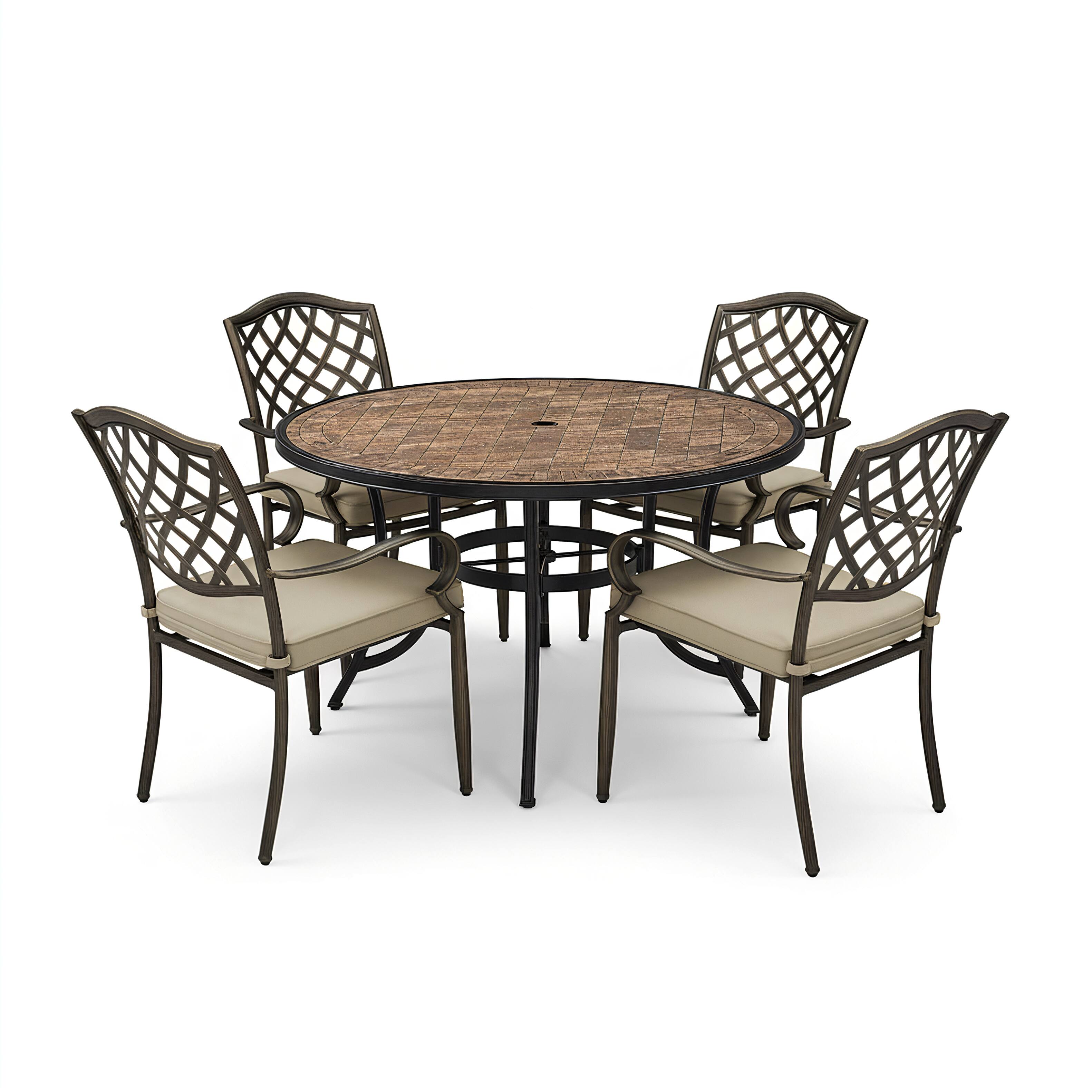 Mondawe - 5-Piece Outdoor Dining Set with Round Brown Ceramic Tile Table and 4 Chairs with Cushions - Bronze+Grey
