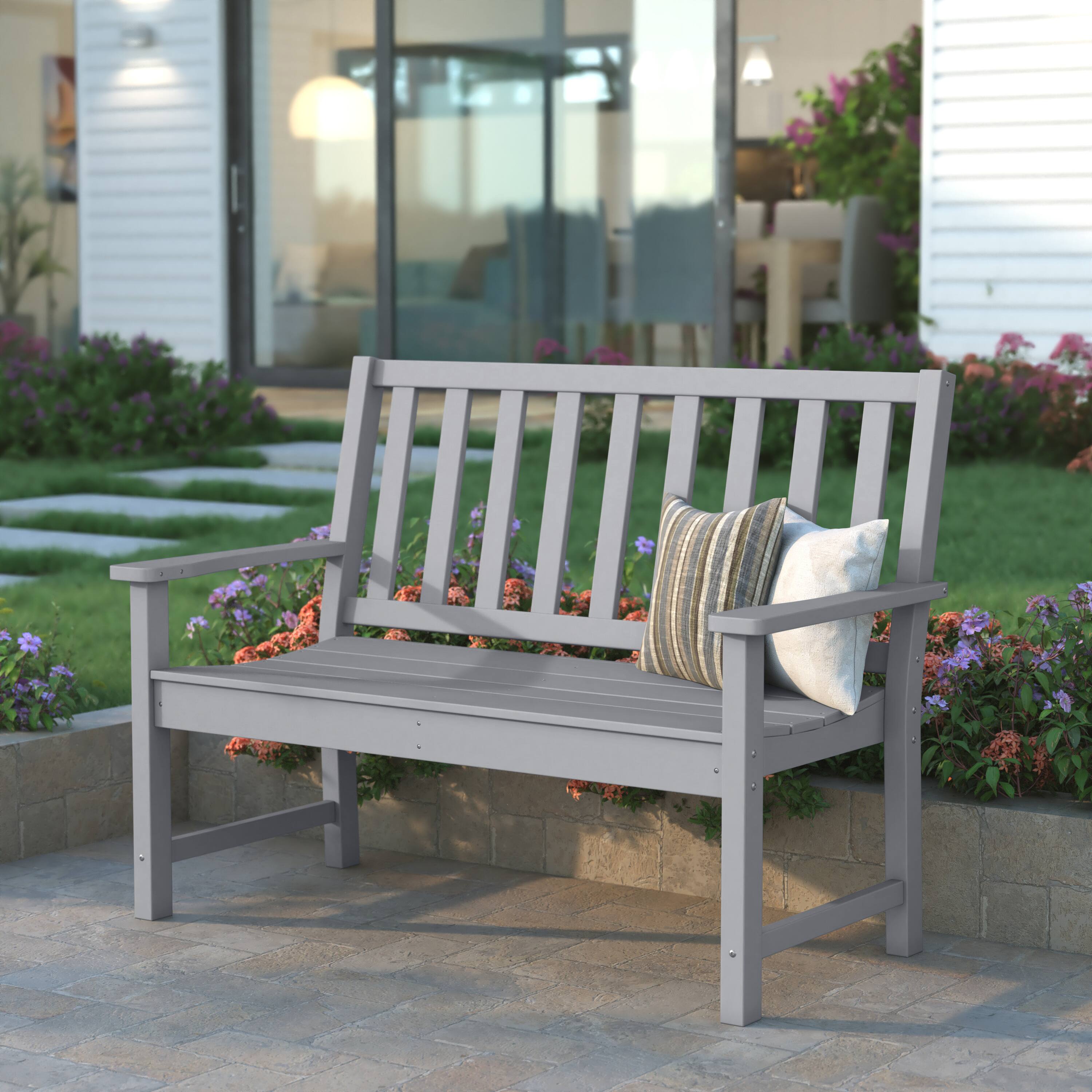 Alt View 1. Emma + Oliver - Matlin Indoor/Outdoor Bench with Contoured Seat and Armrests in Recycled HDPE - Gray.