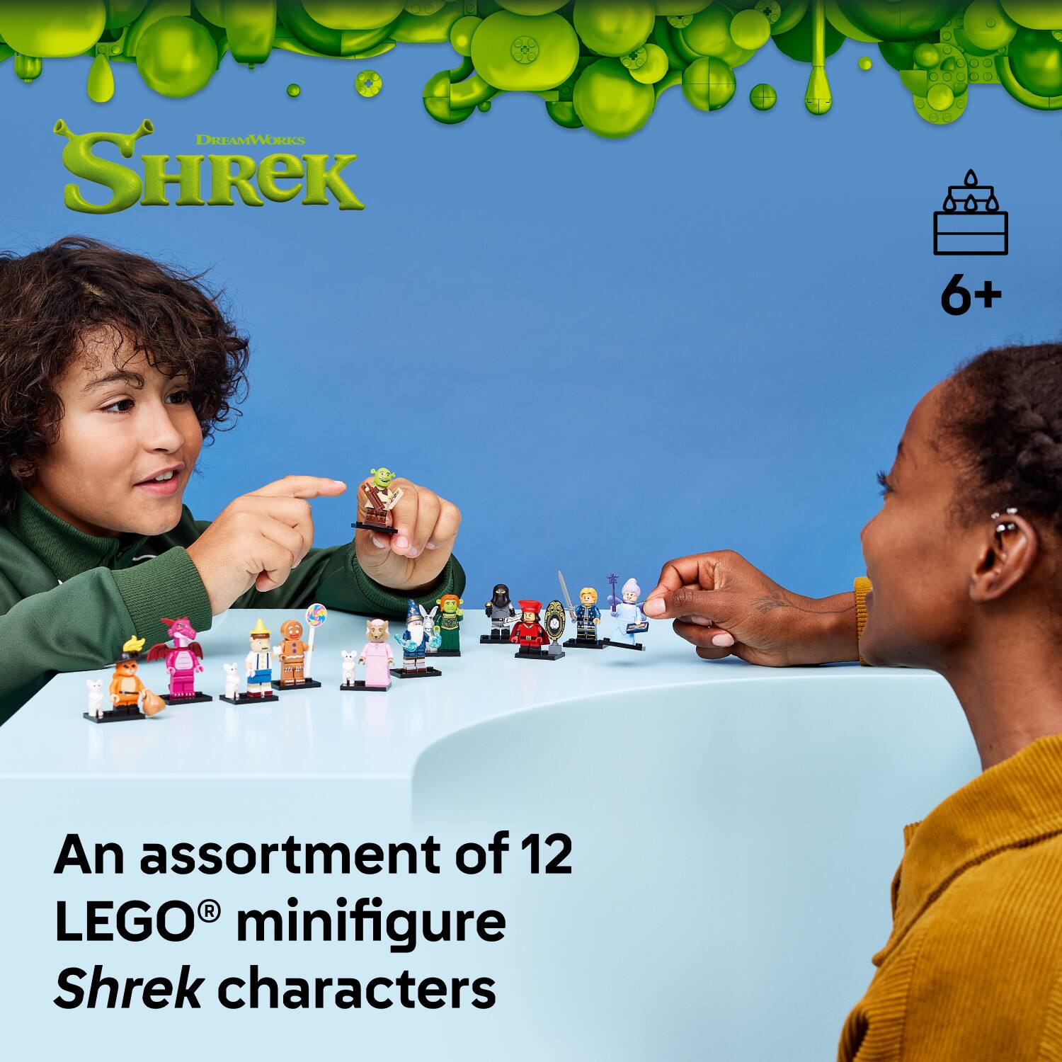 DREAMWORKS SHREK  
6+  
An assortment of 12 LEGO minifigure Shrek characters