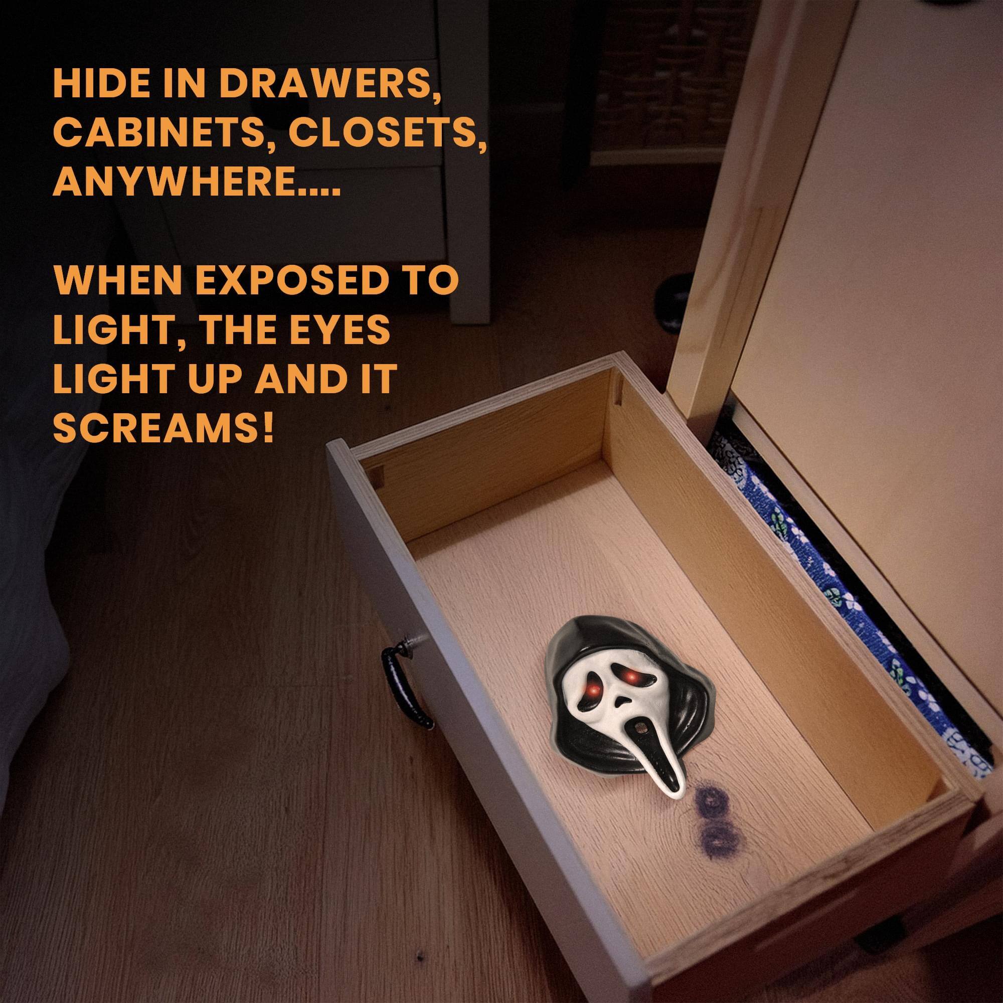 HIDE IN DRAWERS, CABINETS, CLOSETS, ANYWHERE...

WHEN EXPOSED TO LIGHT, THE EYES LIGHT UP AND IT SCREAMS!