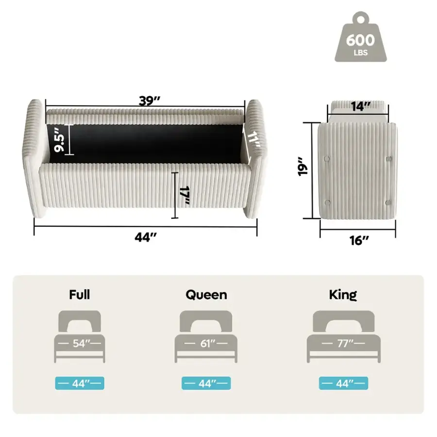 The text on the image reads: 600 LBS 9.5" 39" 17" 11" 19" 14" 44" 16" Full Queen King 54" - 61" 77" 44" 44" 44".

The text has been grouped and corrected as follows:

* 600 LBS: 600 pounds
* 9.5" 39" 17" 11" 19" 14" 44" 16": 9.5 inches, 39 inches, 17 inches, 11 inches, 19 inches, 14 inches, 44 inches, 16 inches
* Full Queen King: Full-size, Queen-size, King-size
* 54" - 61" 77" 44" 44" 44": 54 inches to 61 inches, 77 inches, 44 inches, 44 inches, 44 inches

This information is likely related to the dimensions and weight capacity of a bed frame, mattress, or other furniture item.