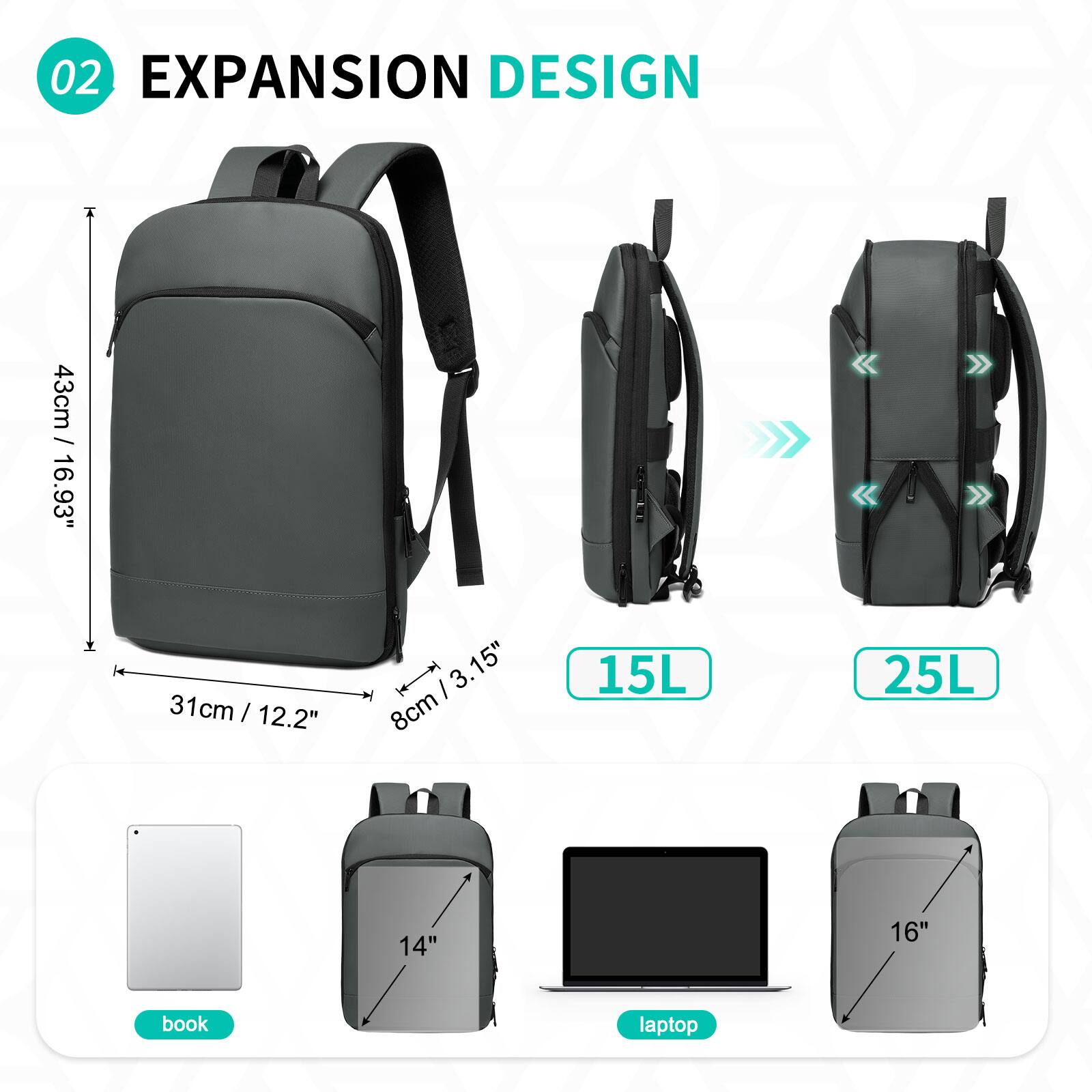 02 EXPANSION DESIGN

43cm / 16.93"
31cm / 12.2"
8cm / 3.15"

15L
25L

book
laptop

14"
16"