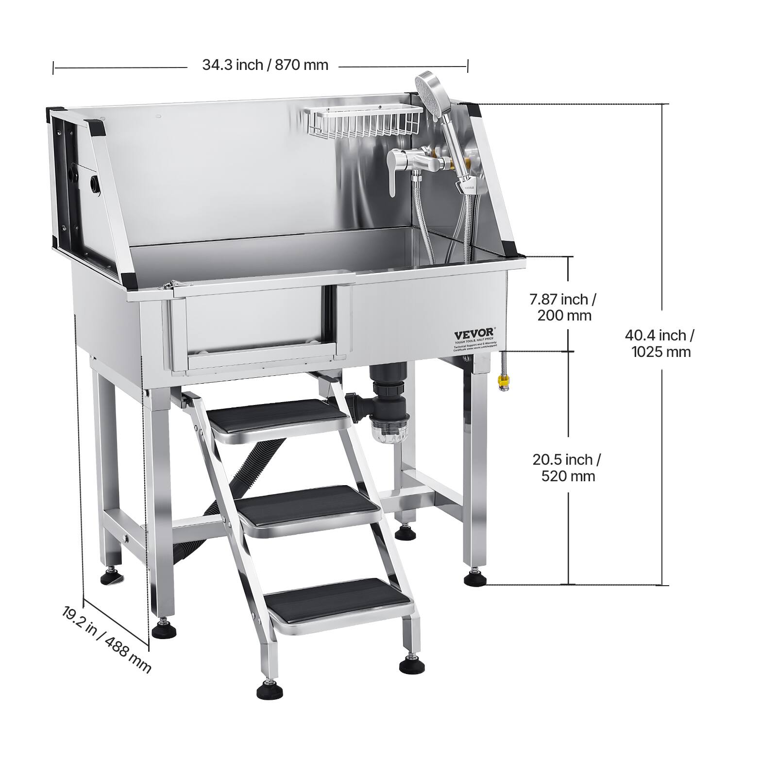 34.3 inch / 870 mm  
7.87 inch / 200 mm  
40.4 inch / 1025 mm  
20.5 inch / 520 mm  
19.2 inch / 488 mm