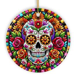 OrnamentallyYou - Floral Celebration Sugar Skull Stained Glass Style Ornament Lush Blossom Christmas Gift and Decor - Multi-colored